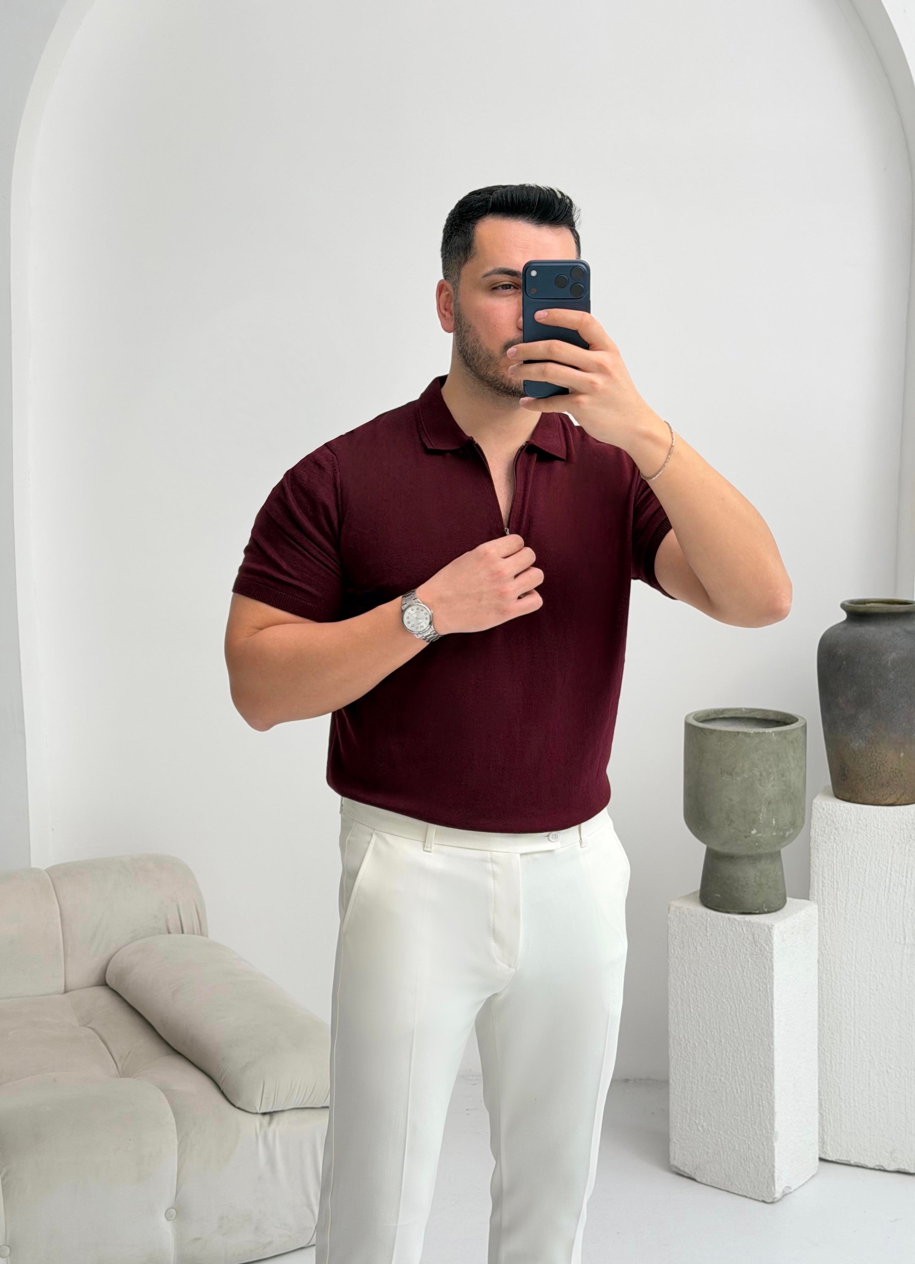 Fermuarlı Bordo Örme Tişört