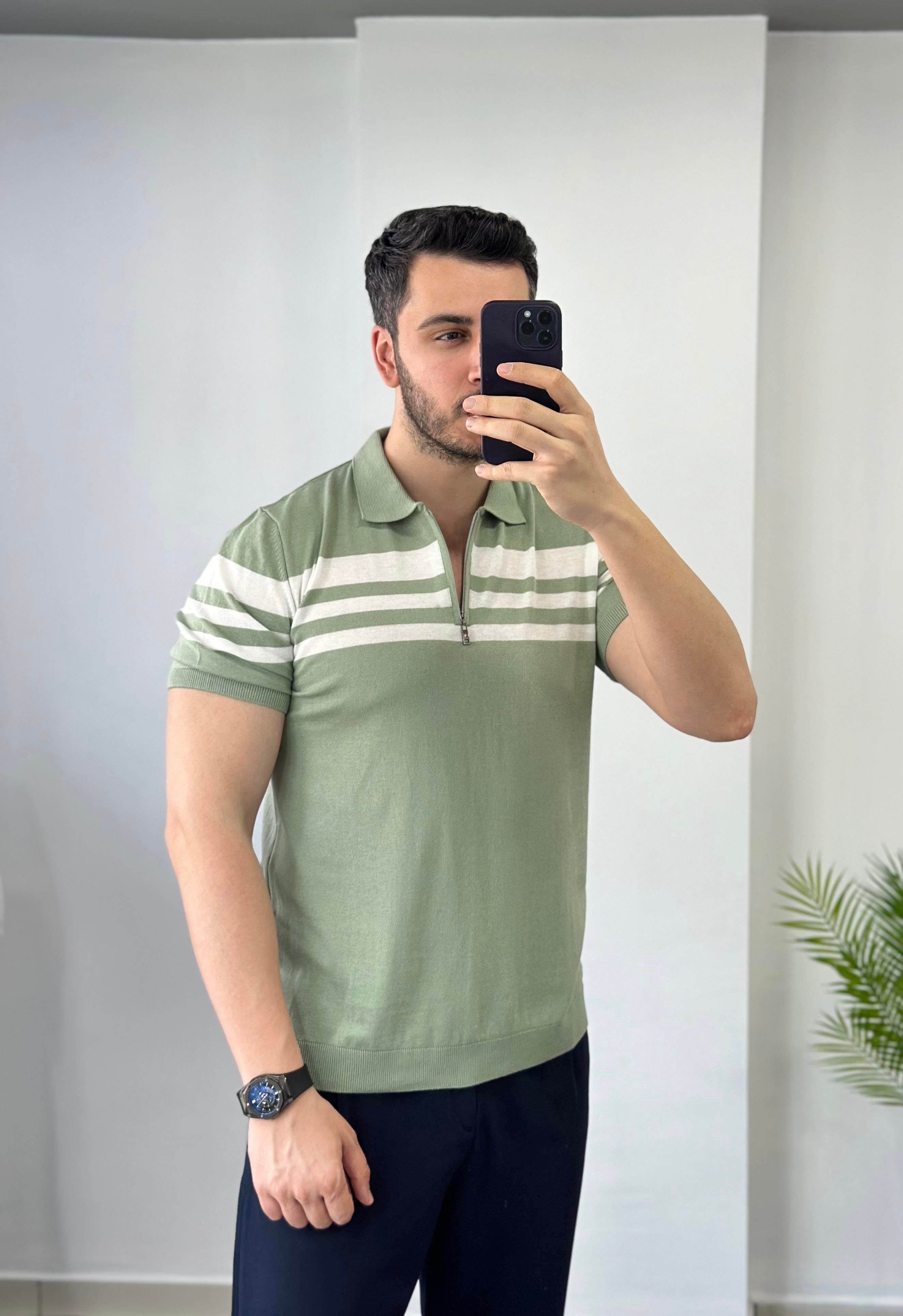 Fermuarlı Göğüs Çizgili Mint Triko Tişört 