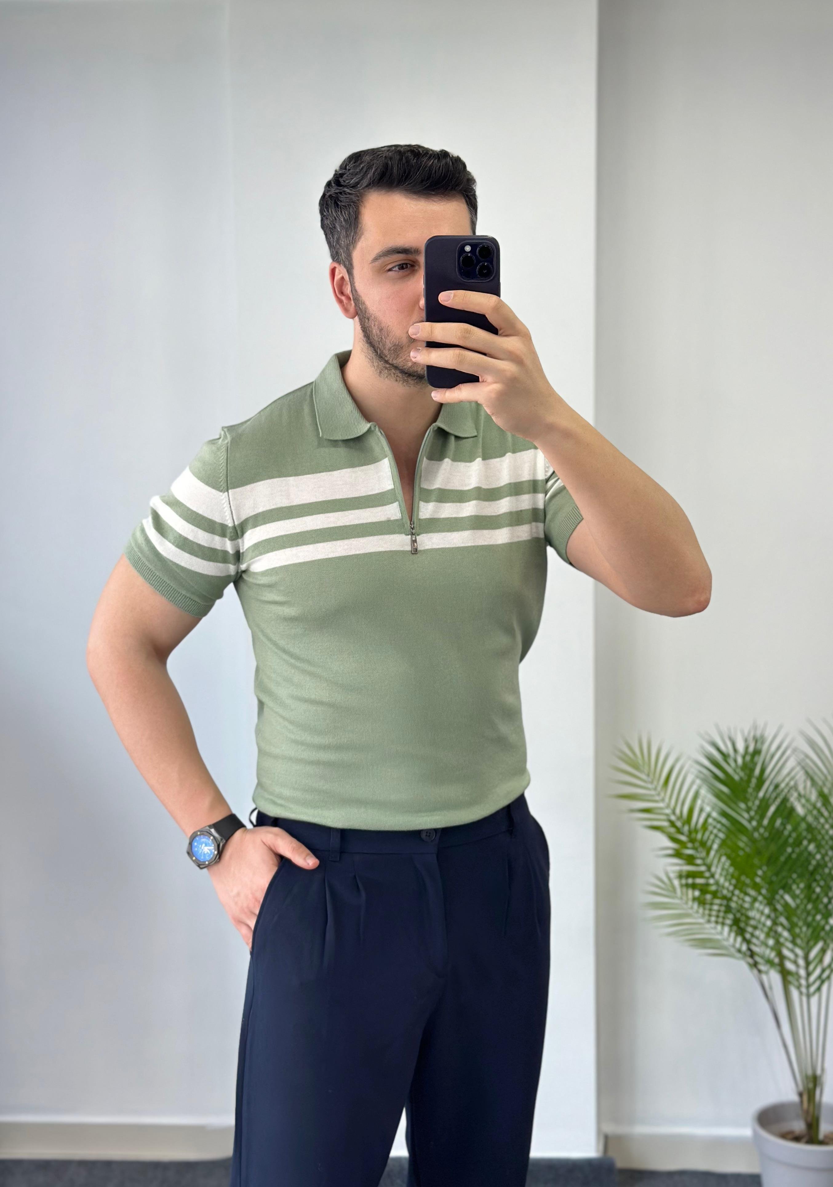 Fermuarlı Göğüs Çizgili Mint Triko Tişört 
