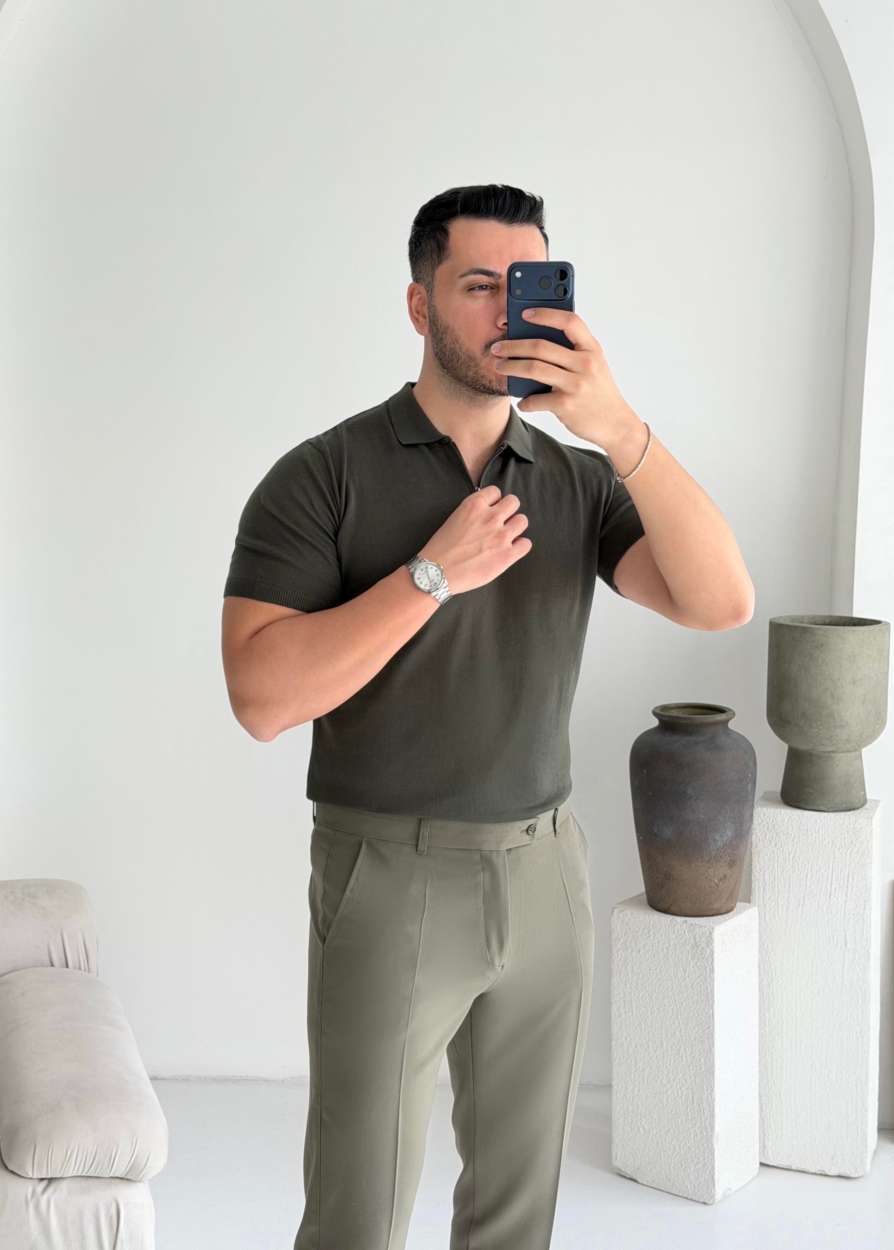 Fermuarlı Haki Örme Tişört