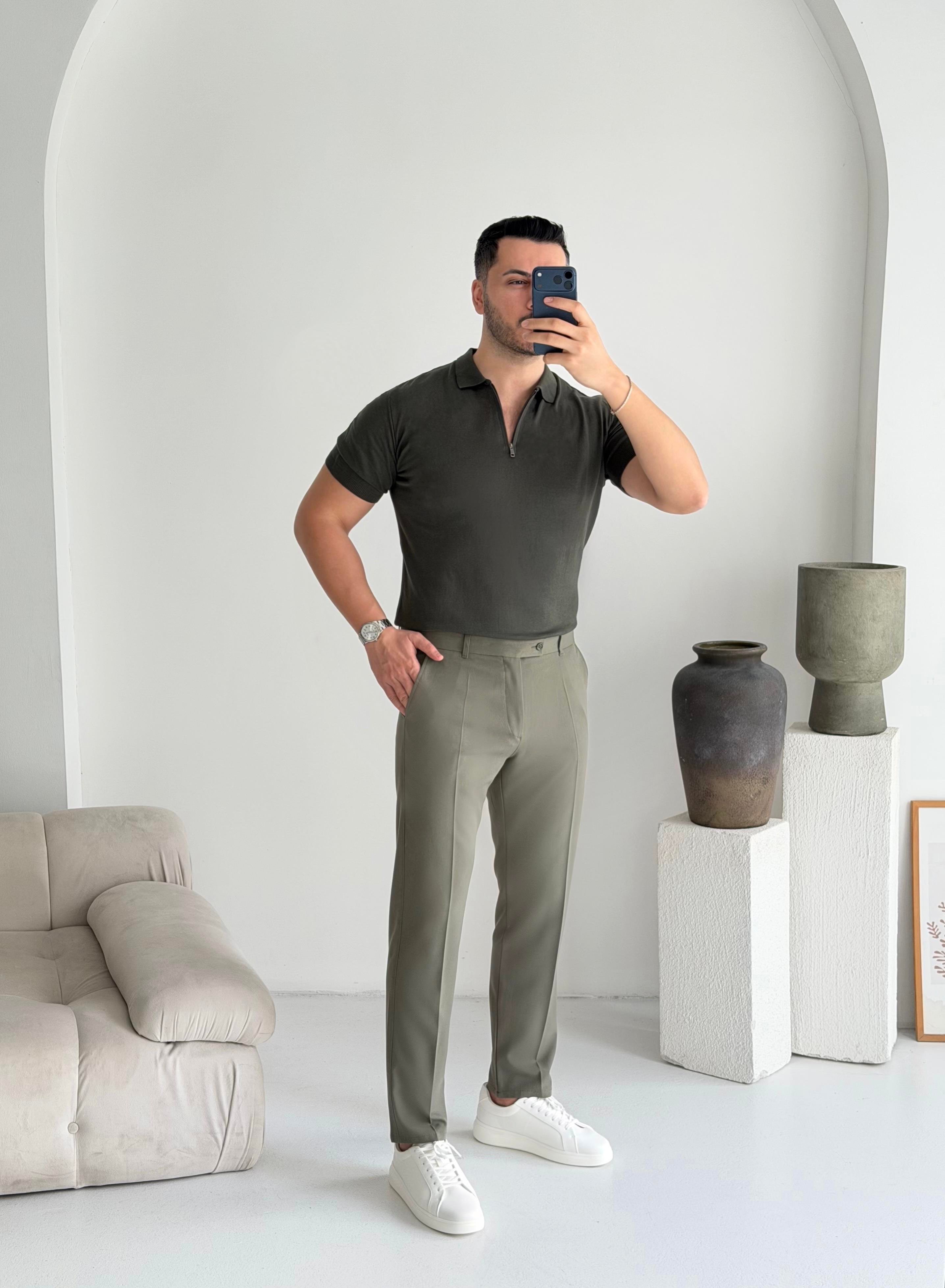 Fermuarlı Haki Örme Tişört