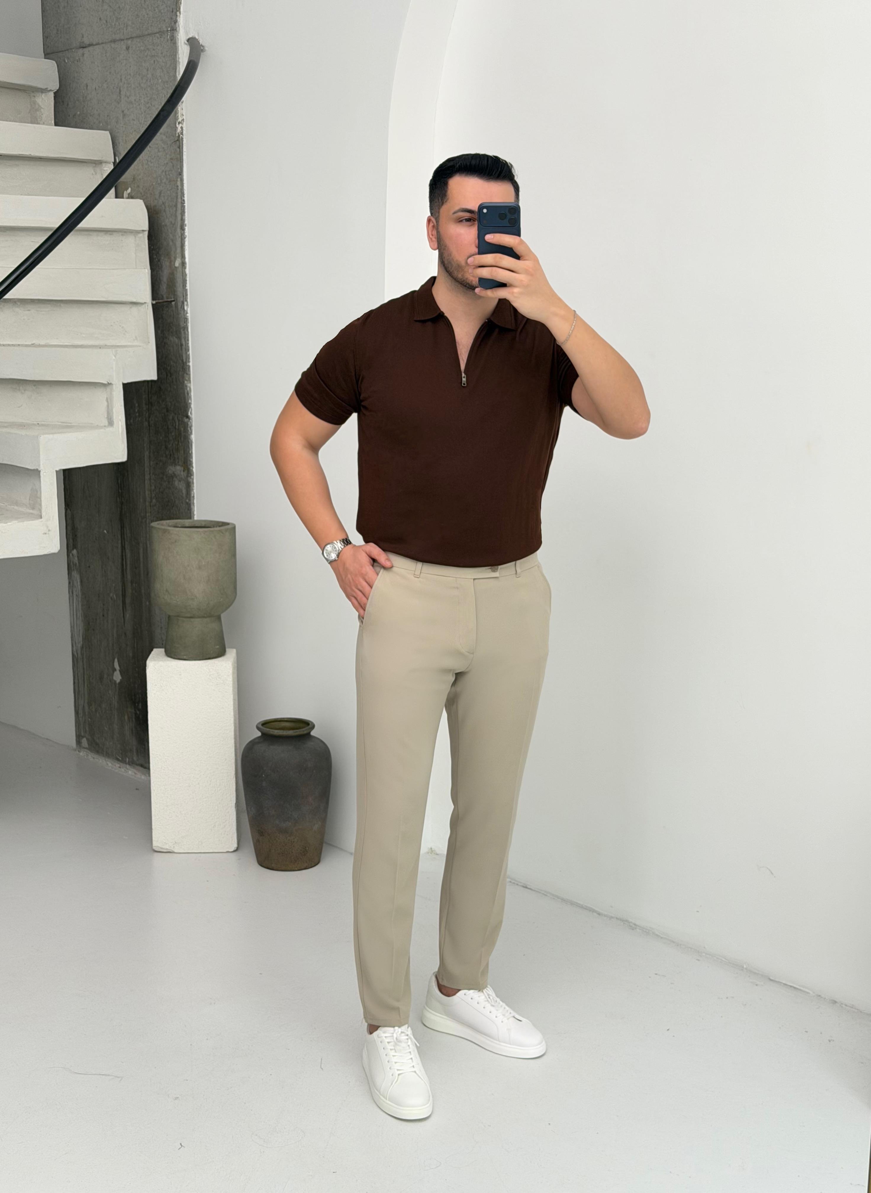 Fermuarlı Kahve Örme Tişört