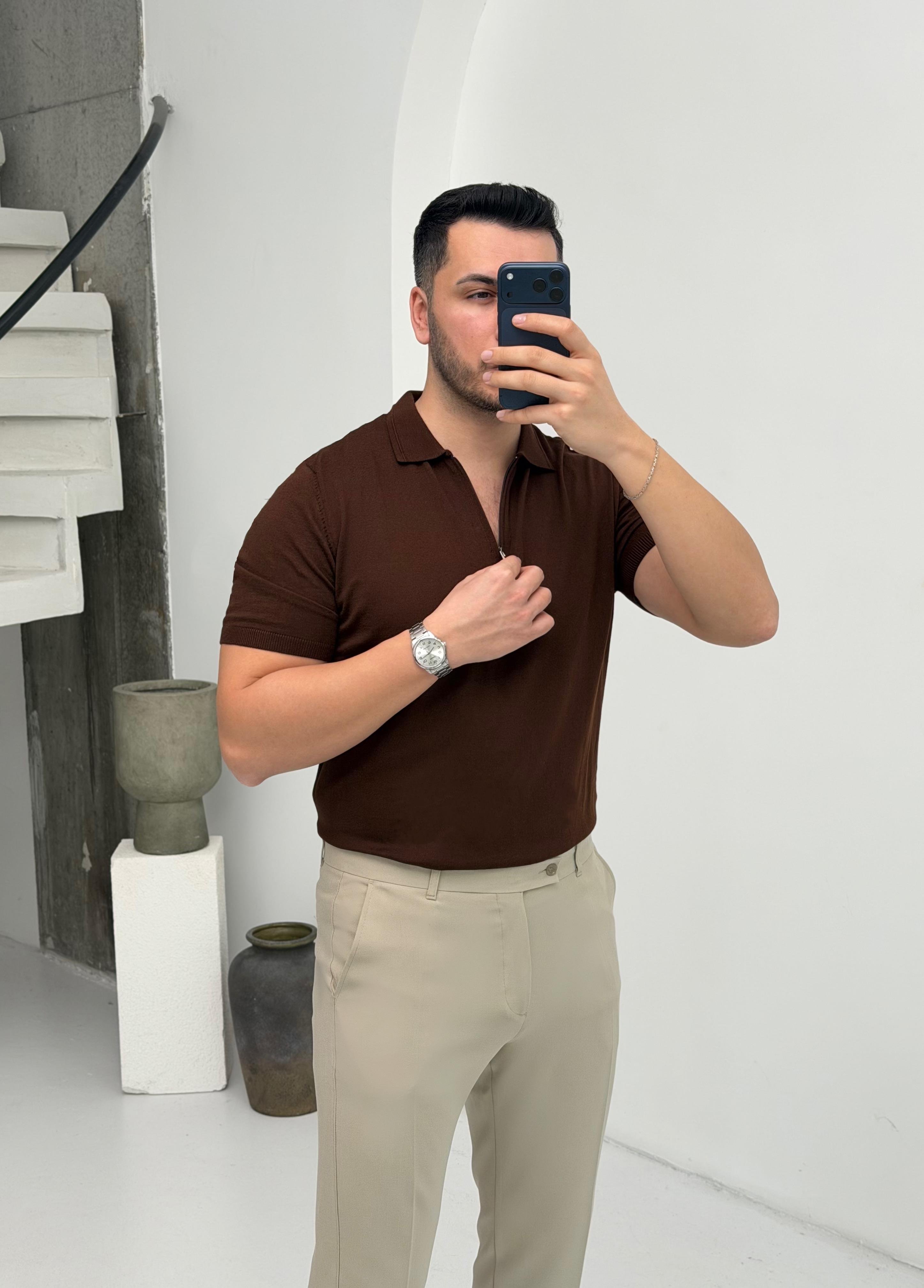 Fermuarlı Kahve Örme Tişört