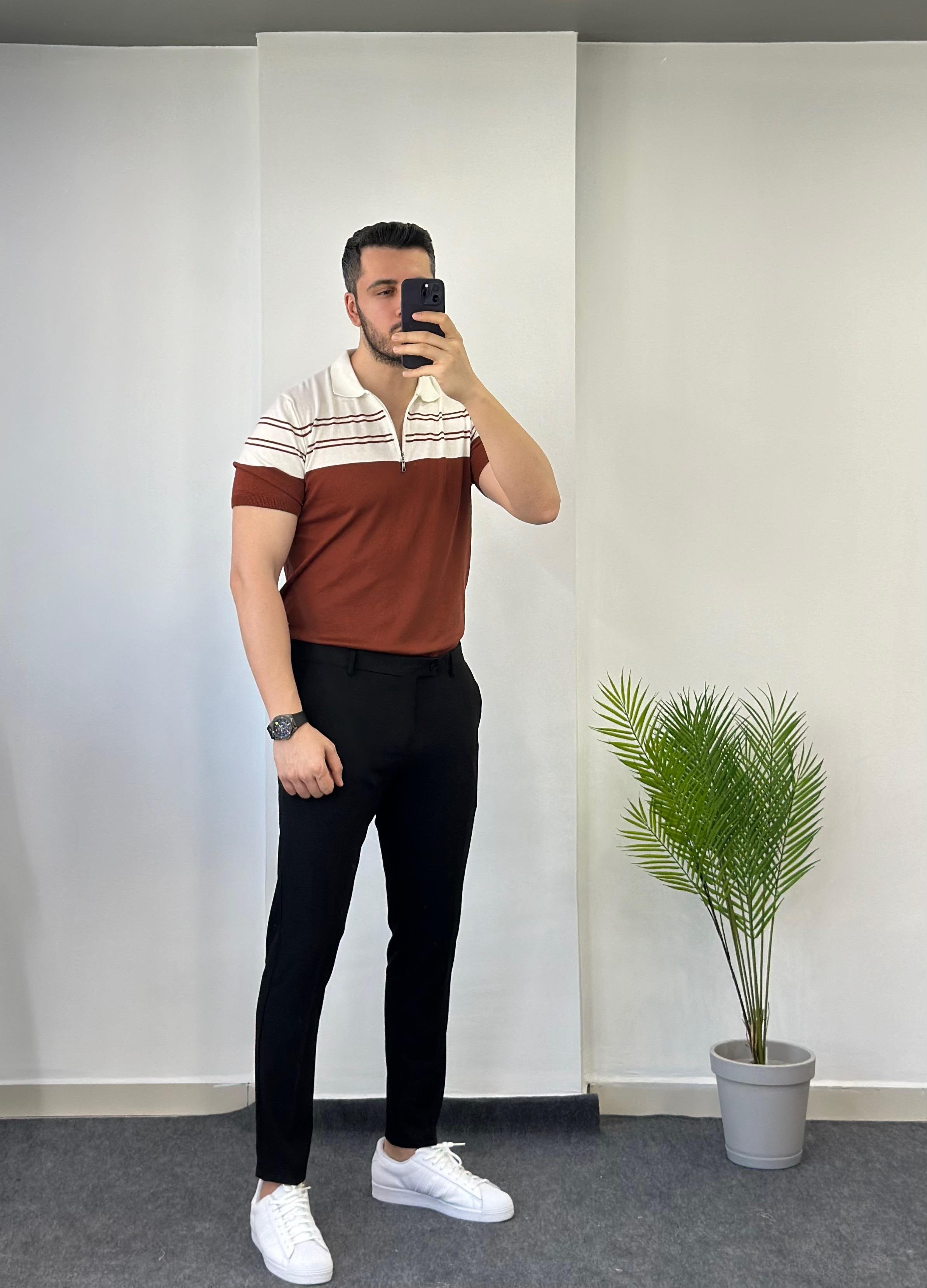 Fermuarlı Kiremit Beyaz Desen Triko Tişört 