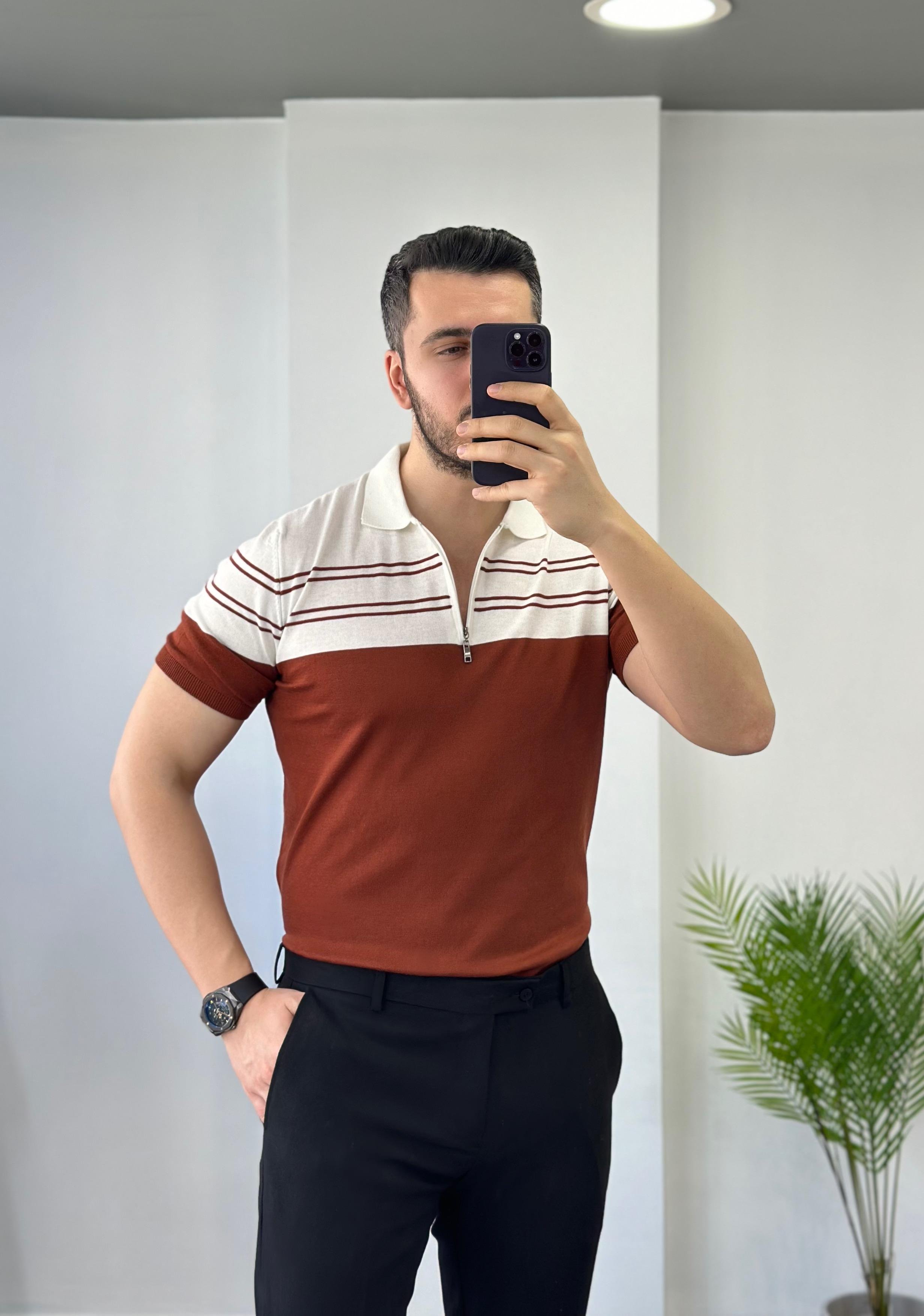 Fermuarlı Kiremit Beyaz Desen Triko Tişört 