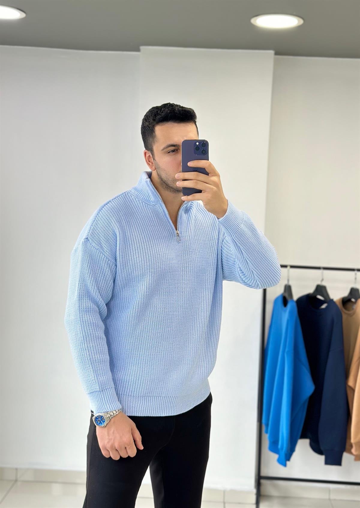 Fermuarlı Mavi Oversize Triko Kazak