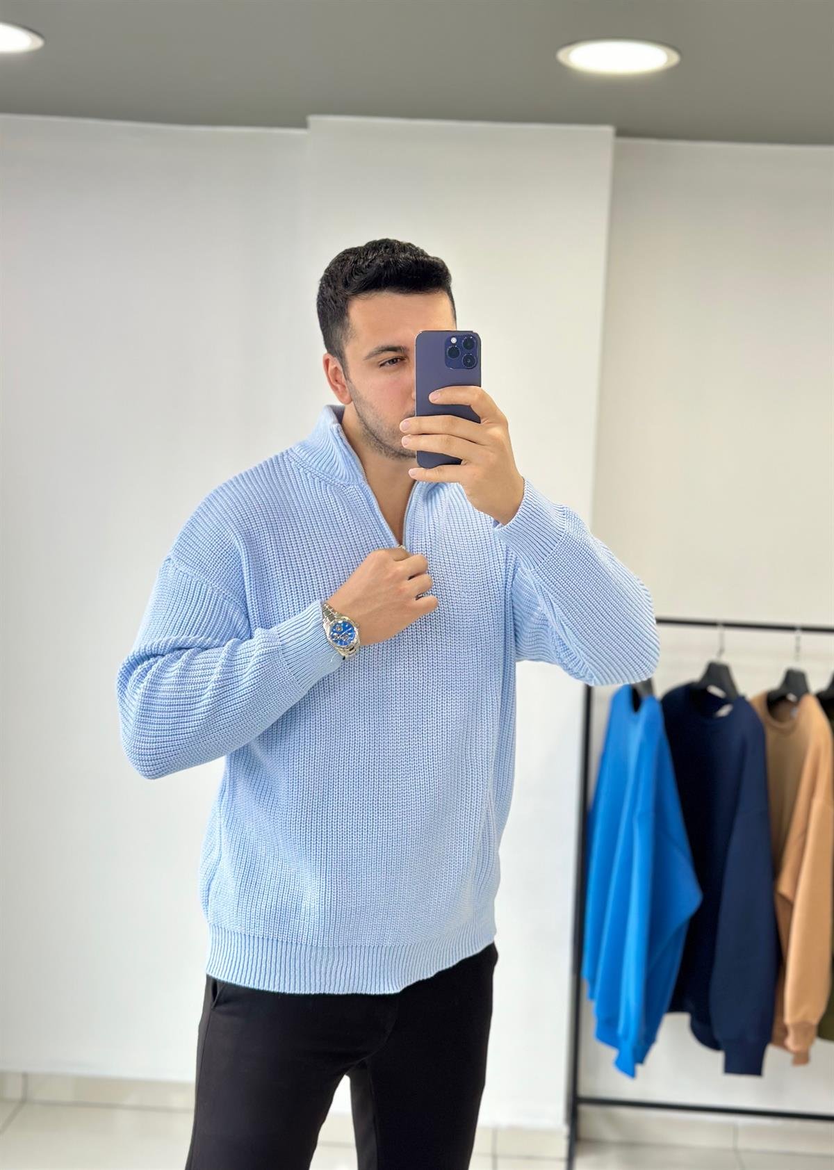 Fermuarlı Mavi Oversize Triko Kazak