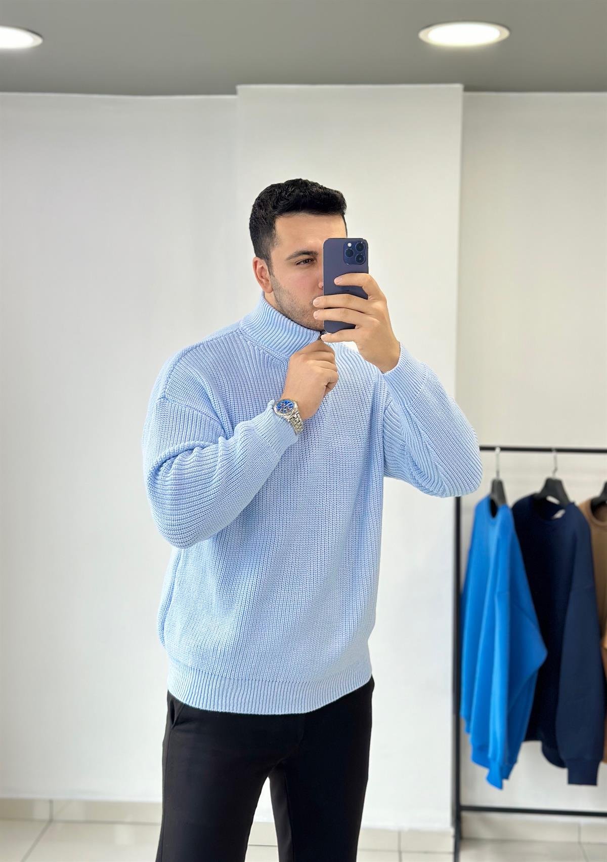 Fermuarlı Mavi Oversize Triko Kazak