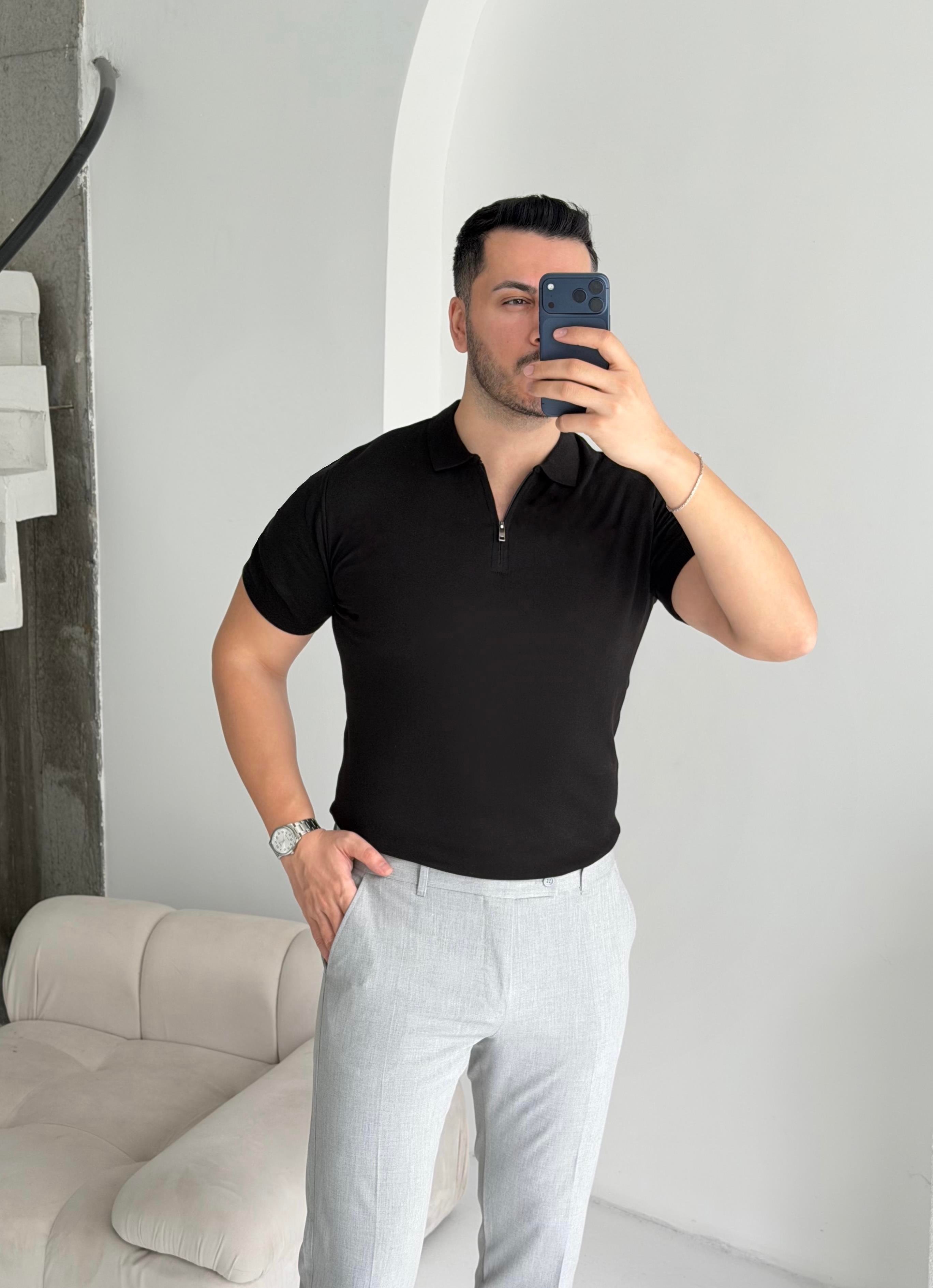 Fermuarlı Siyah Örme Tişört
