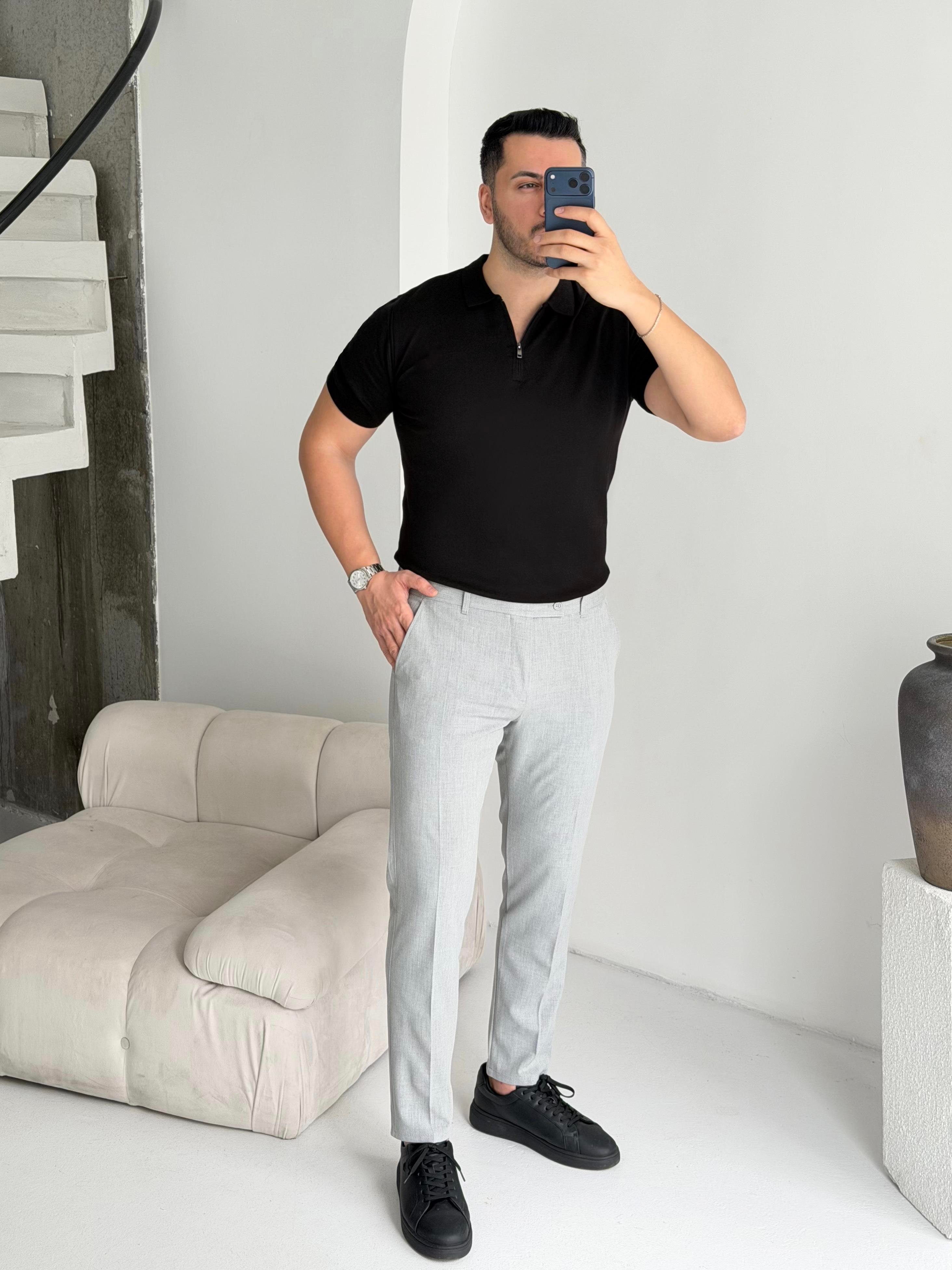 Fermuarlı Siyah Örme Tişört