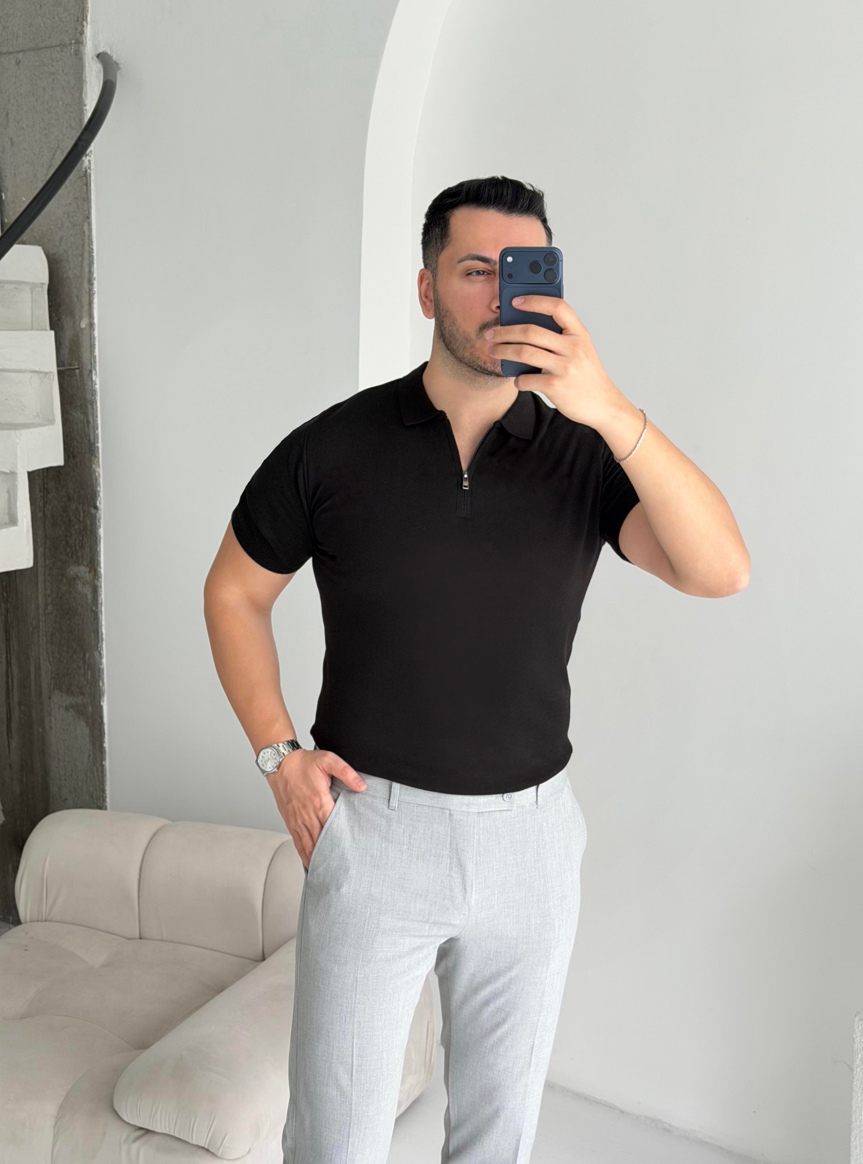 Fermuarlı Siyah Örme Tişört