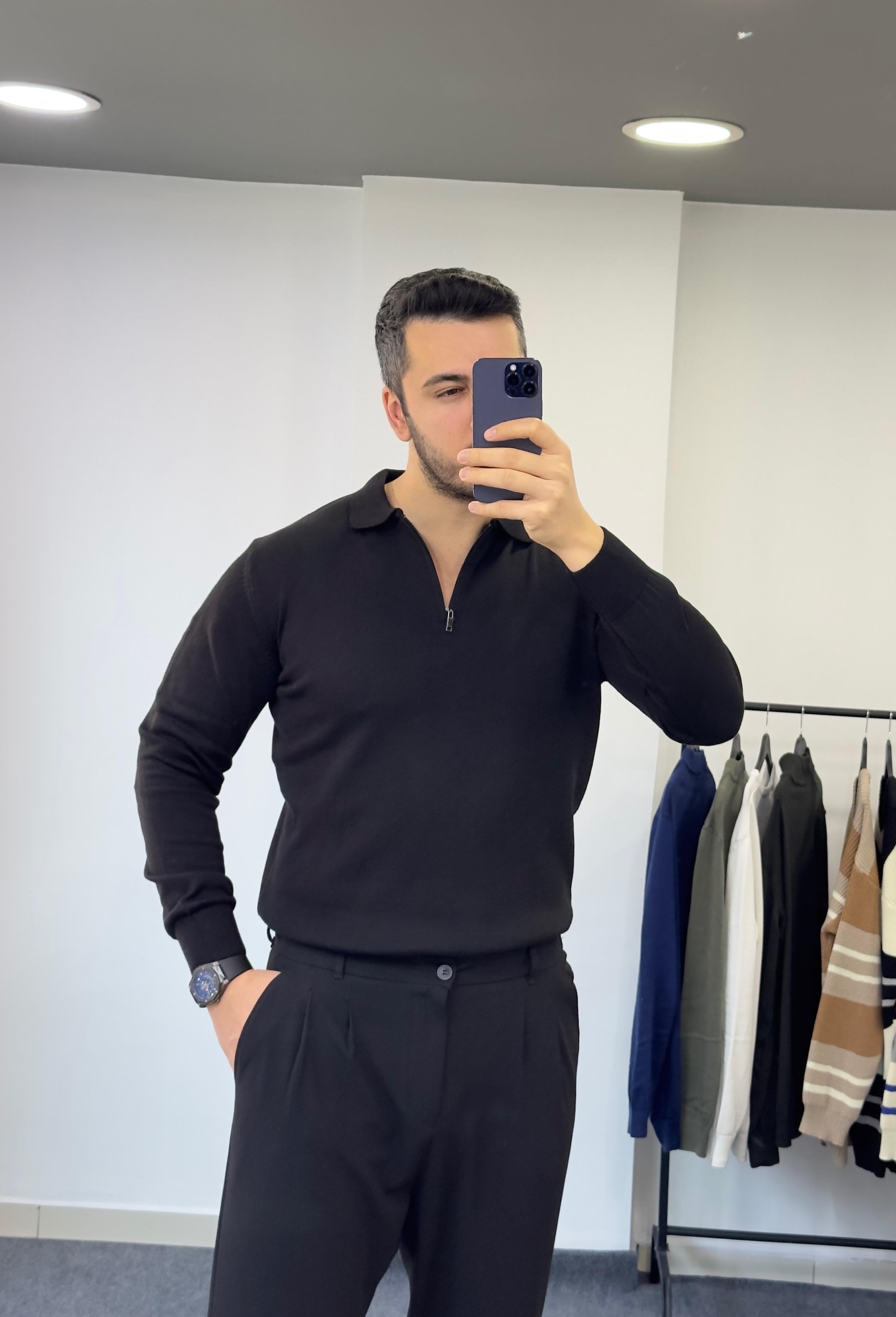 Fermuarlı Siyah Triko Kazak