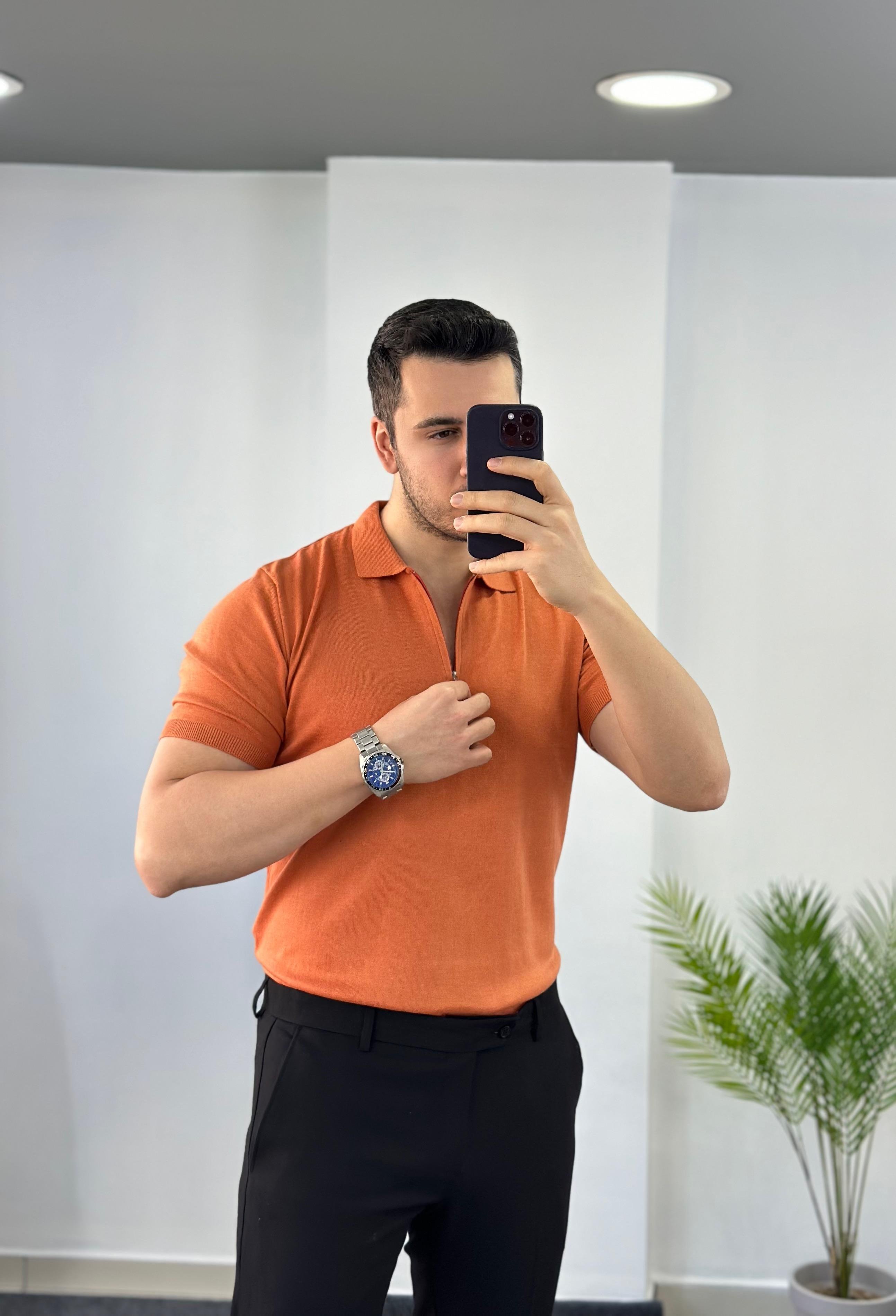 Fermuarlı Turuncu Triko Tişört 