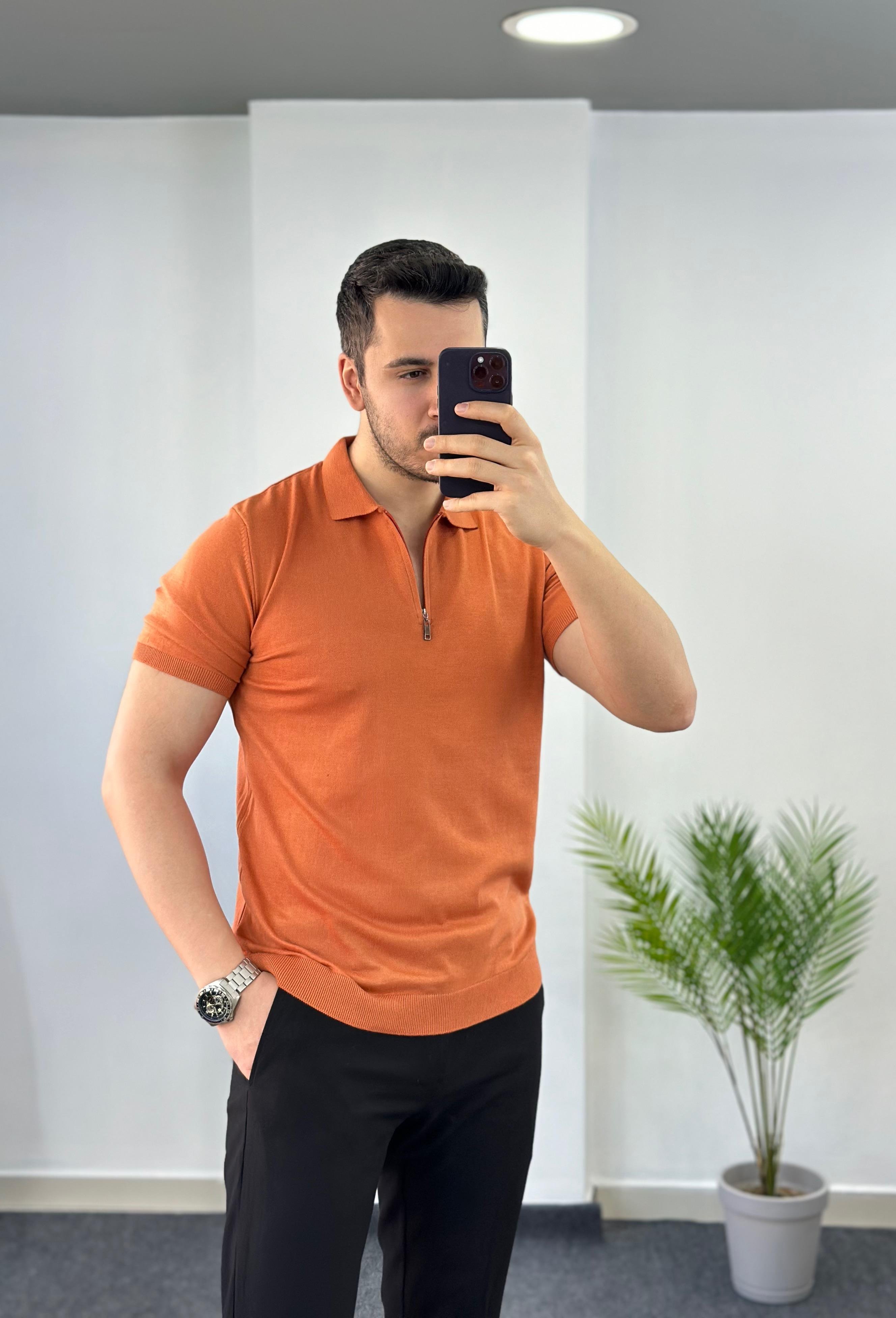 Fermuarlı Turuncu Triko Tişört 