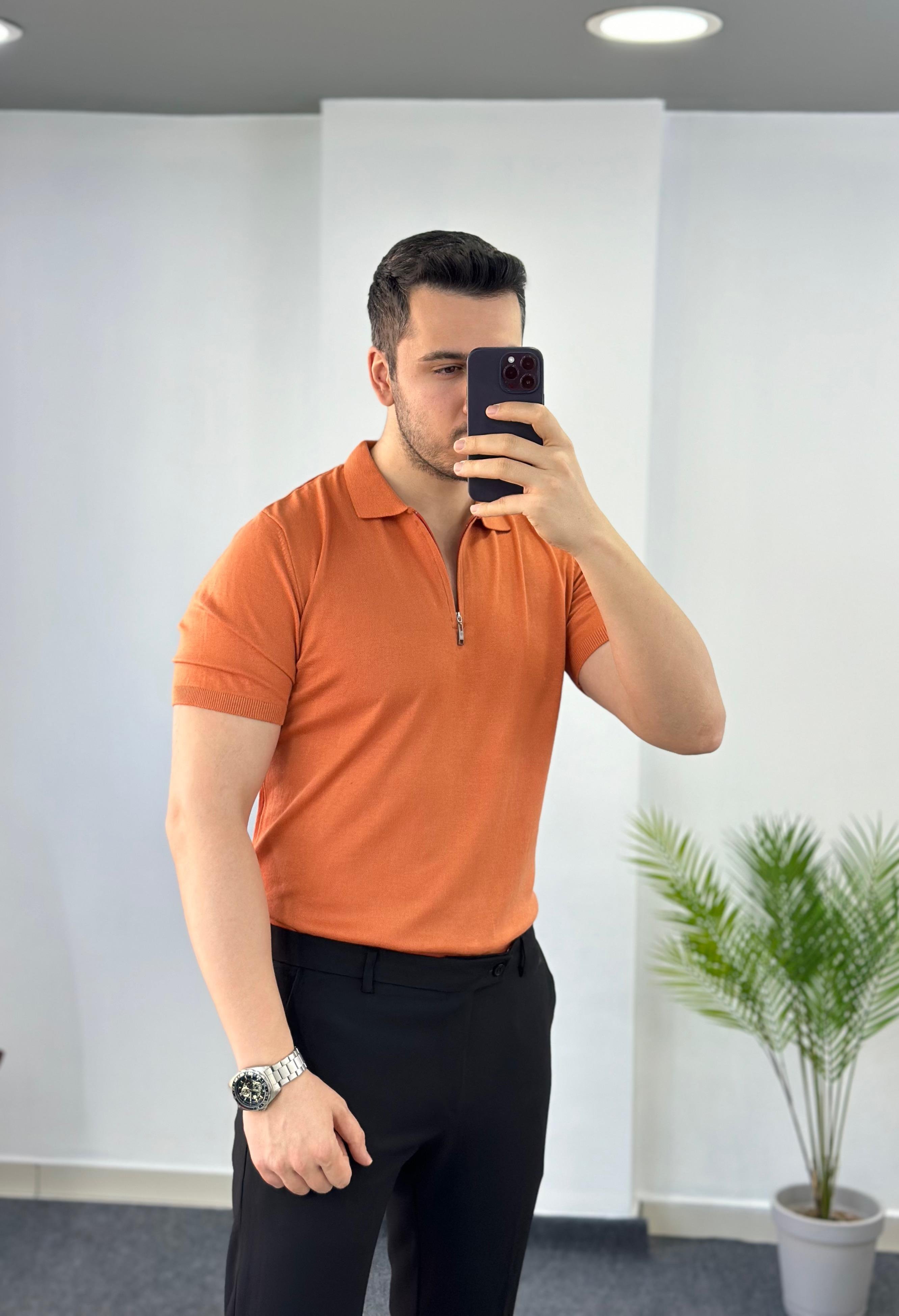 Fermuarlı Turuncu Triko Tişört 