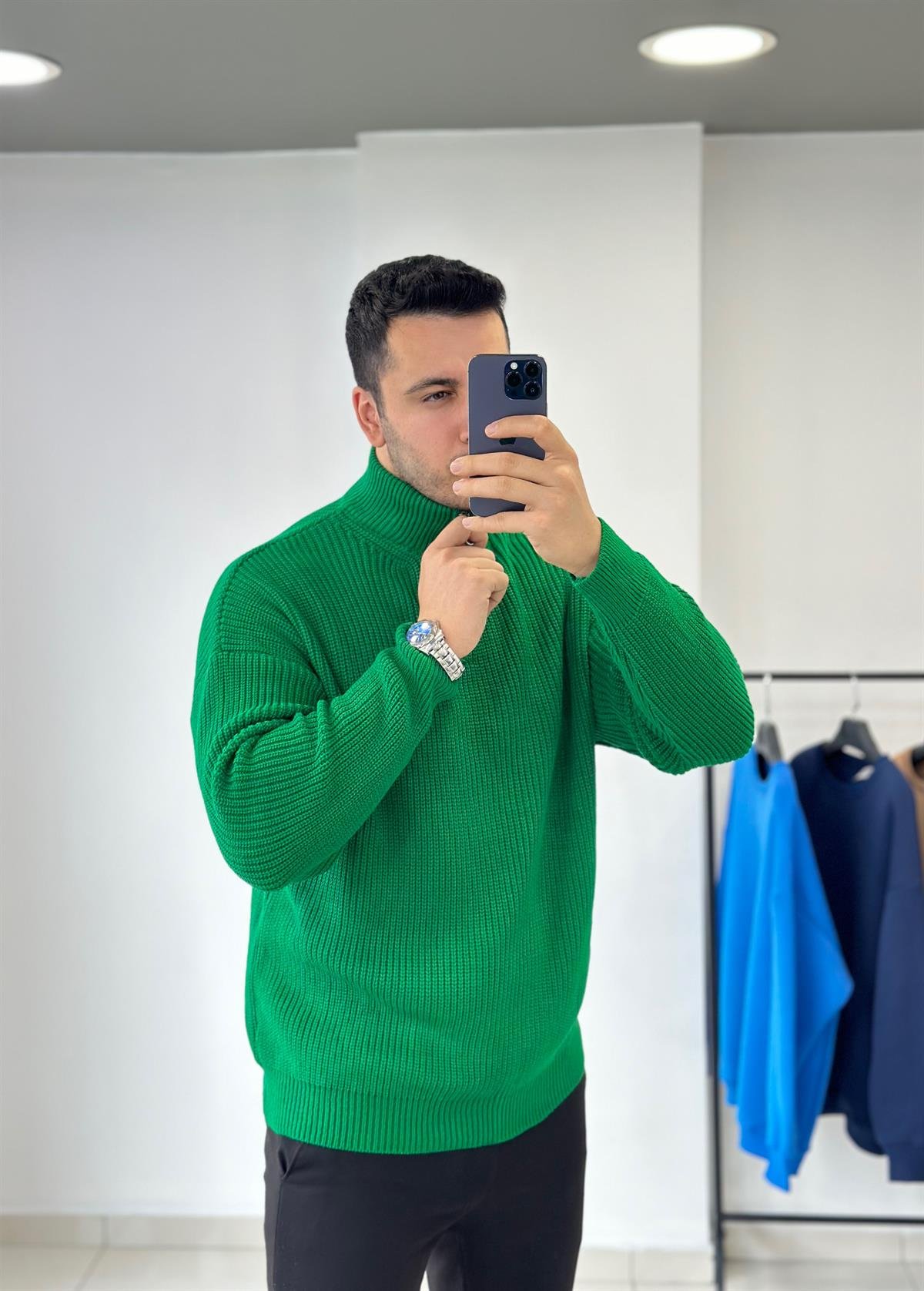 Fermuarlı Yeşil Oversize Triko Kazak