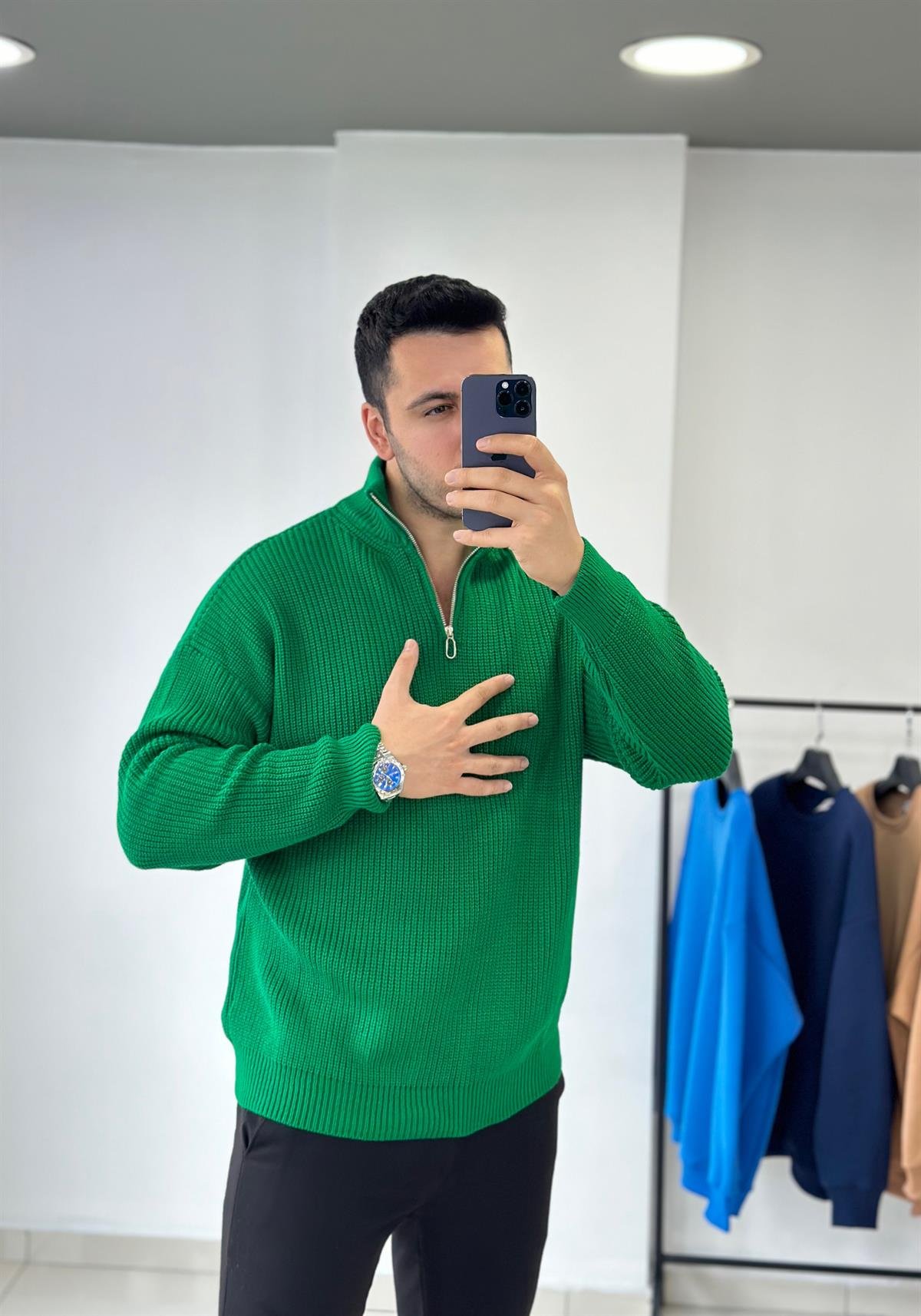 Fermuarlı Yeşil Oversize Triko Kazak