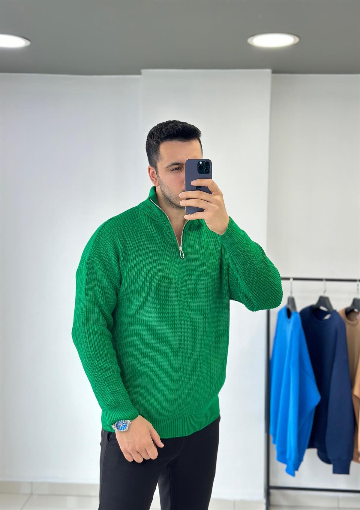 Fermuarlı Yeşil Oversize Triko Kazak