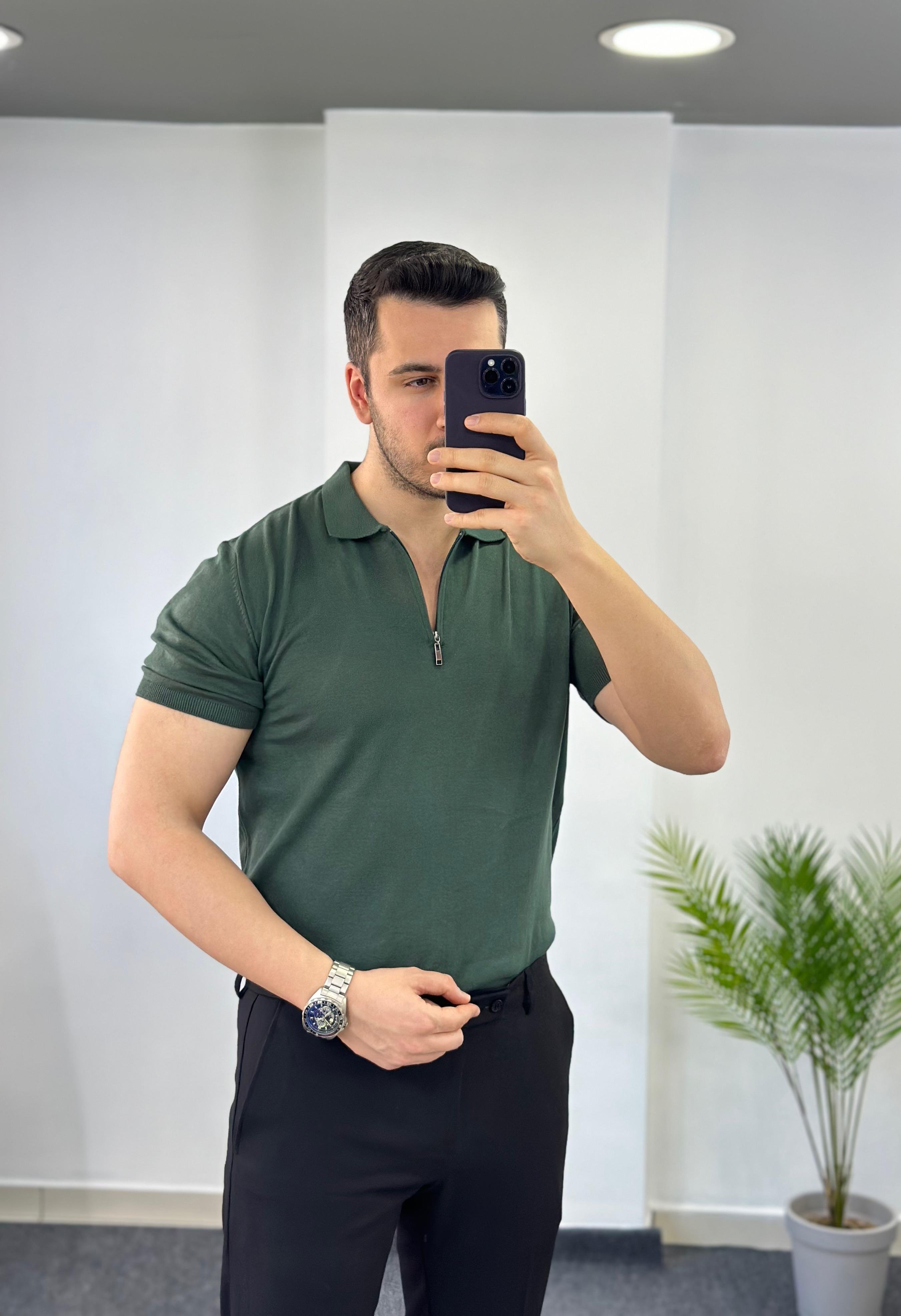 Fermuarlı Yeşil Triko Tişört