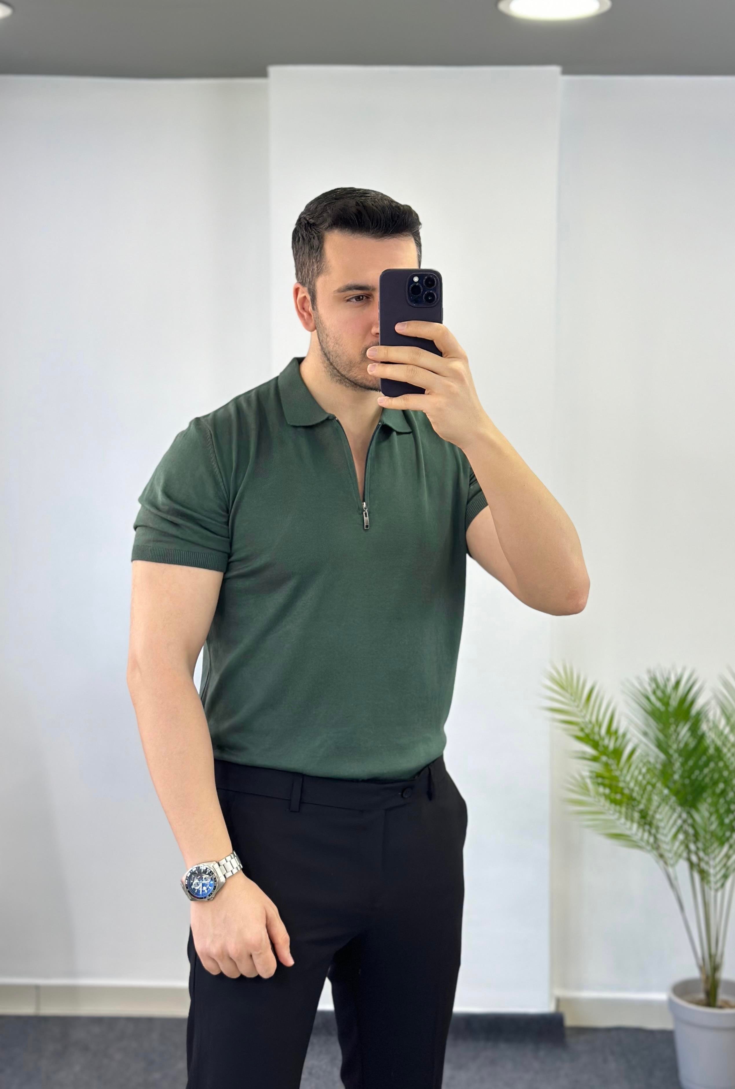 Fermuarlı Yeşil Triko Tişört