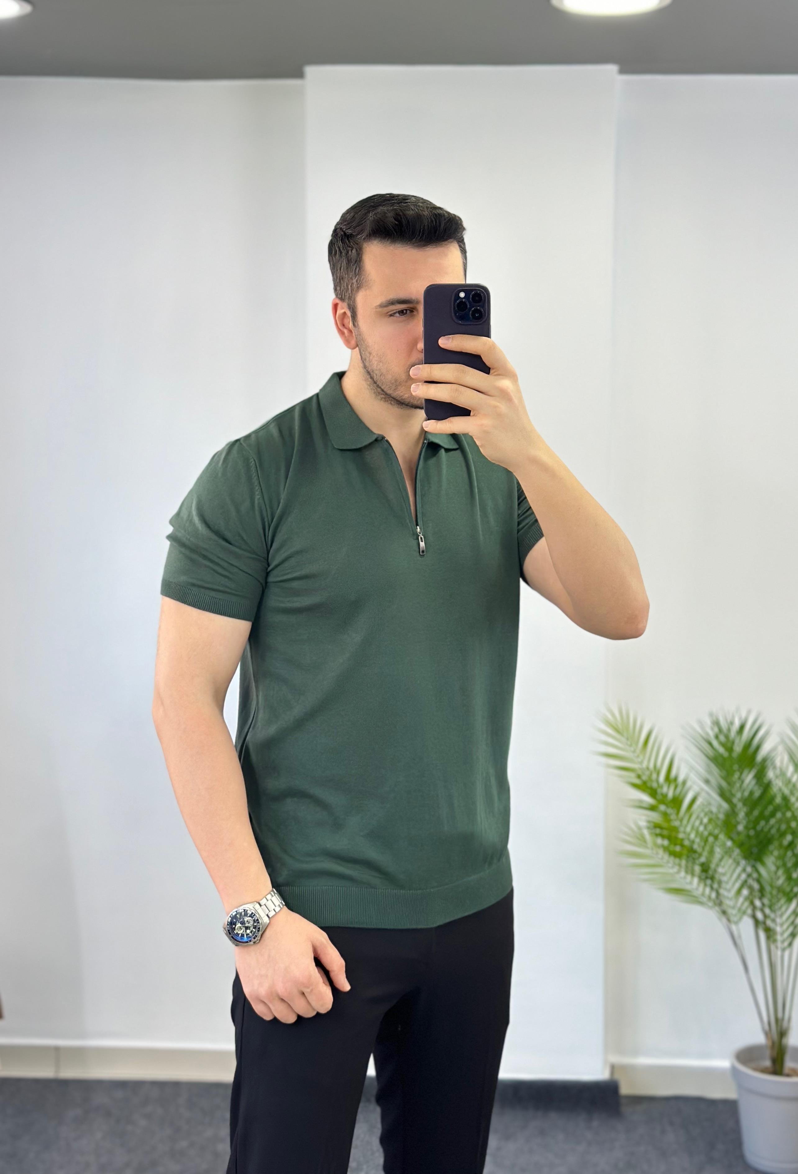 Fermuarlı Yeşil Triko Tişört