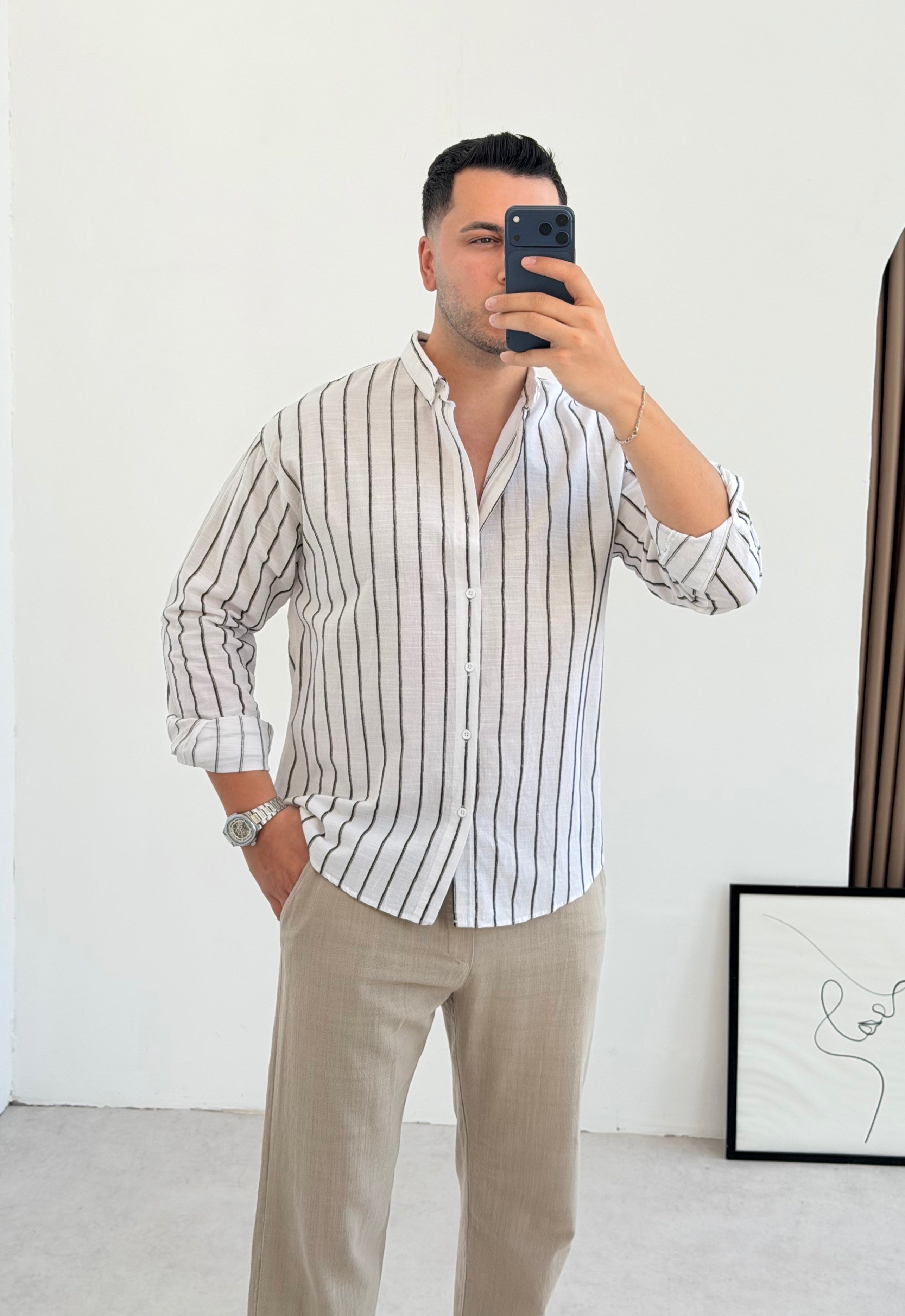 Fex Siyah Çizgili Oversize Keten Gömlek