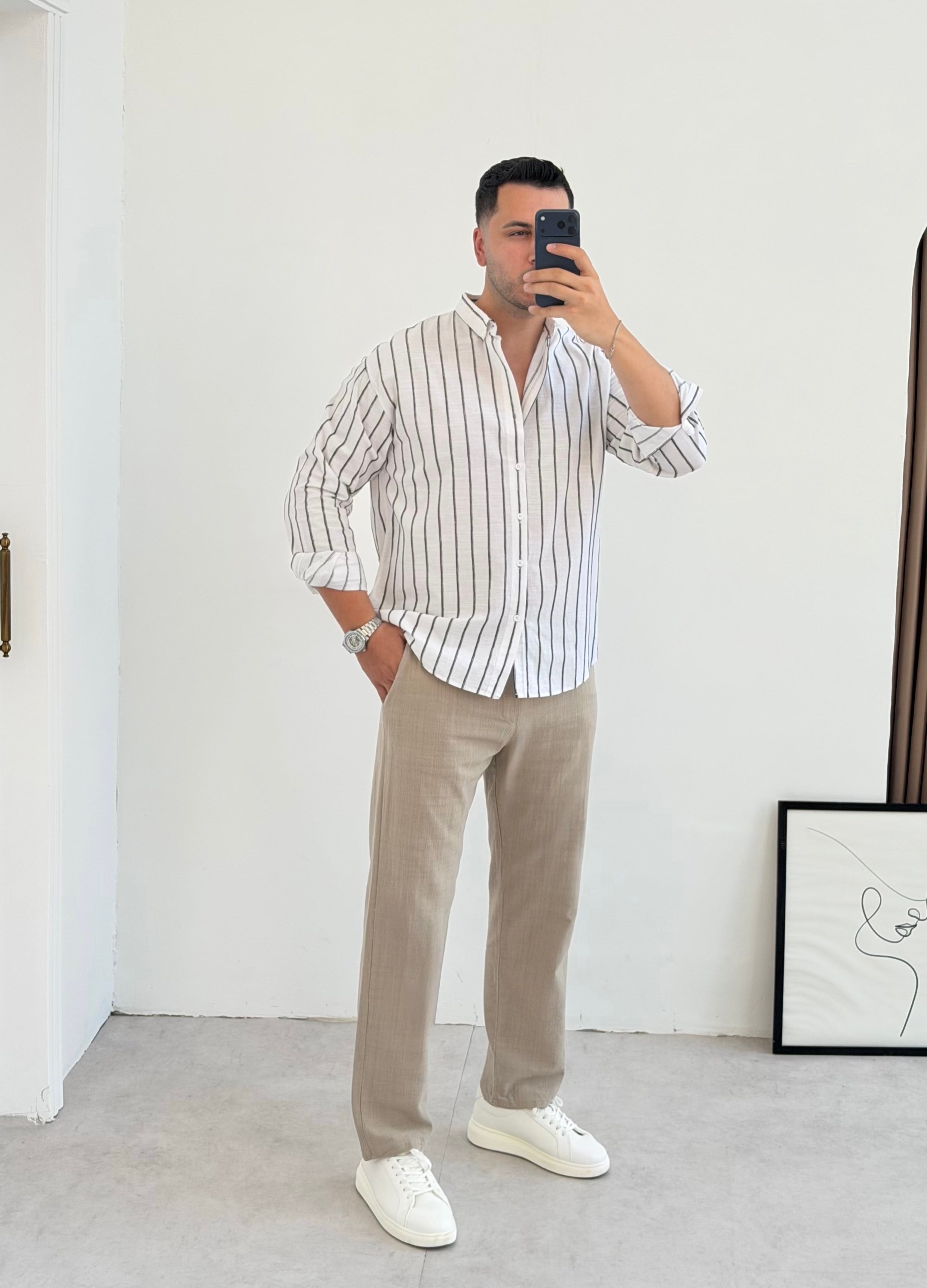 Fex Siyah Çizgili Oversize Keten Gömlek