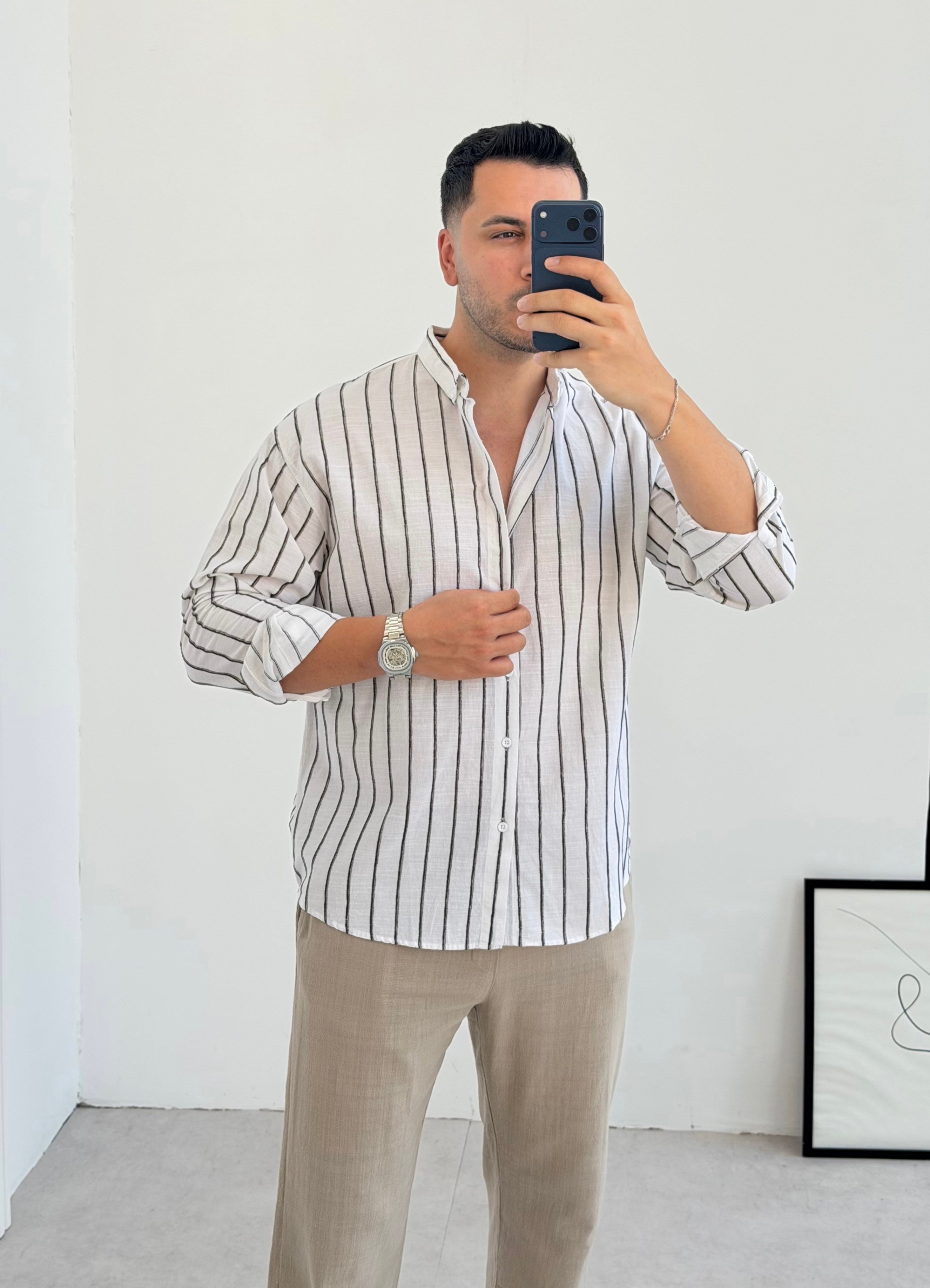 Fex Siyah Çizgili Oversize Keten Gömlek
