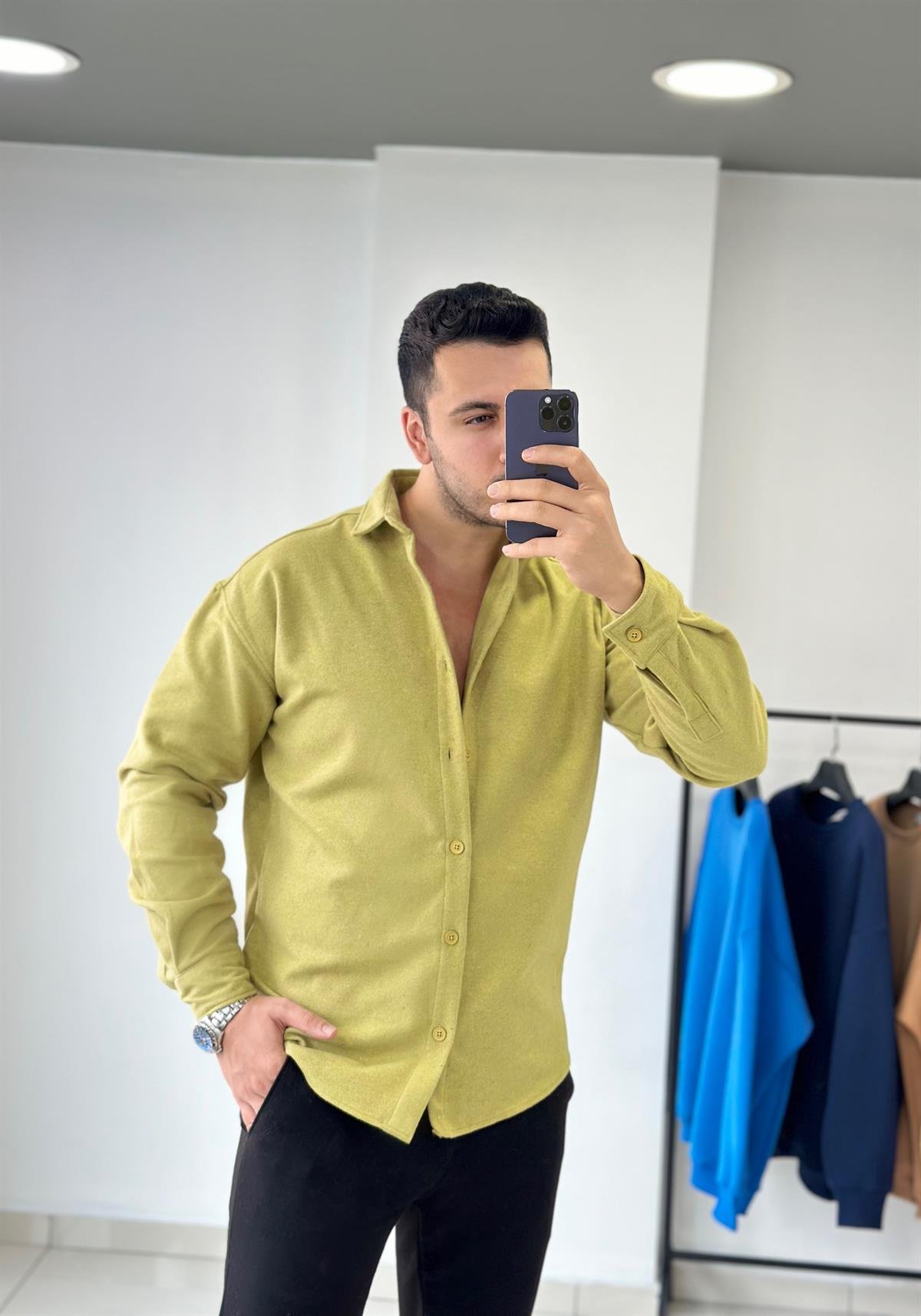 Fıstık Yeşil Oversize Kalın Kaşe Gömlek