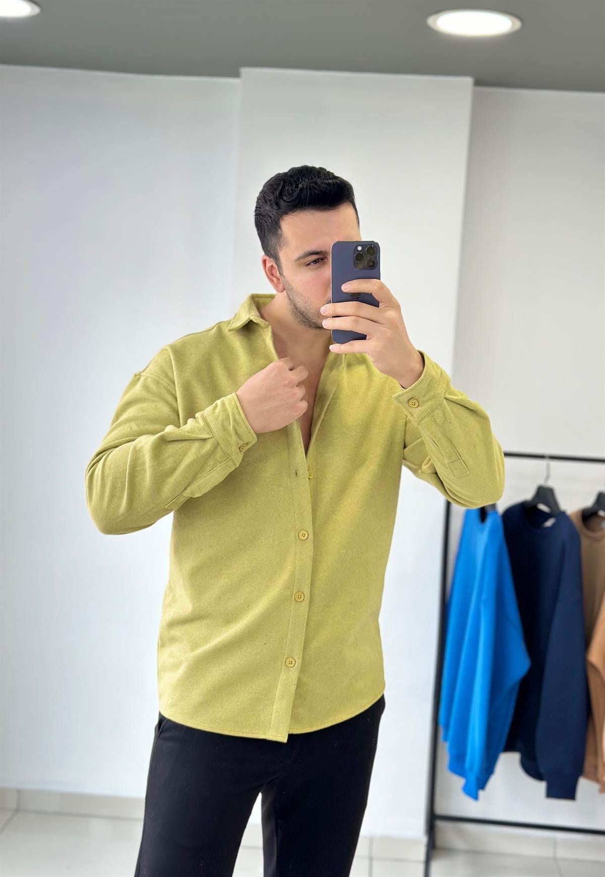 Fıstık Yeşil Oversize Kalın Kaşe Gömlek