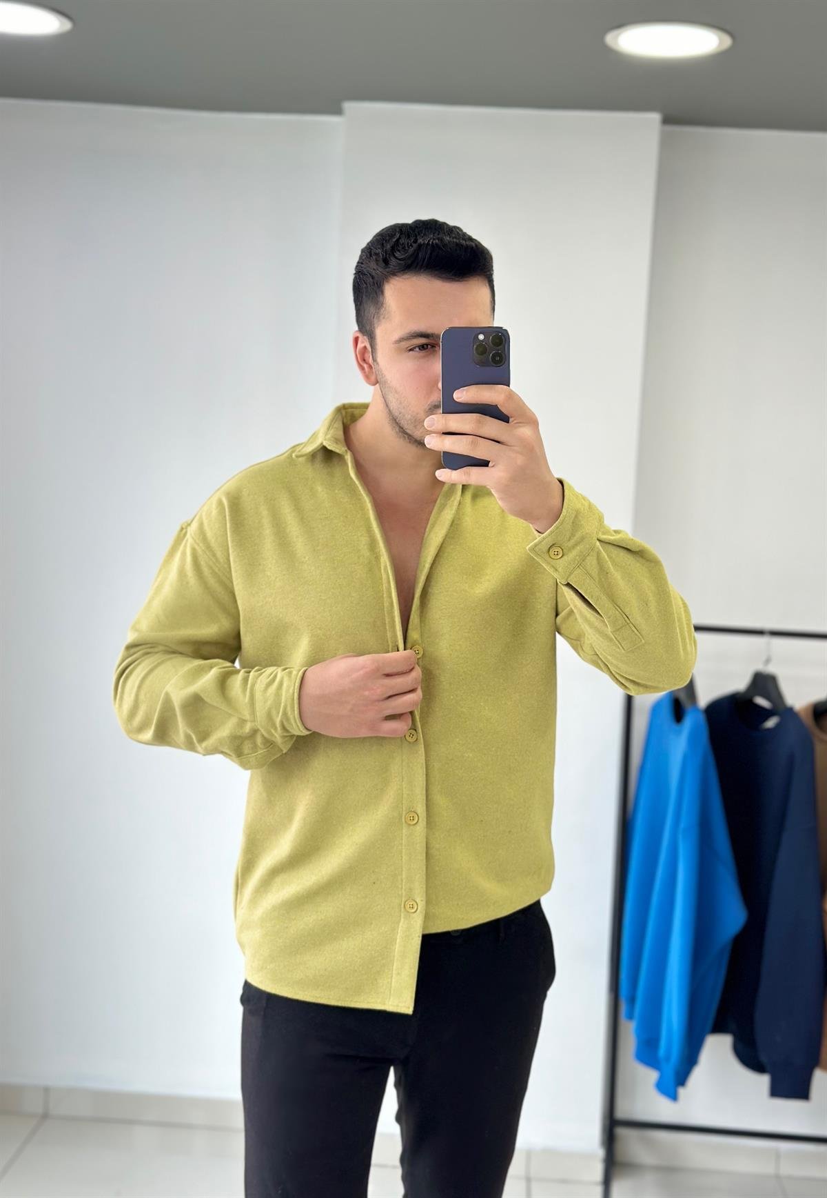 Fıstık Yeşil Oversize Kalın Kaşe Gömlek