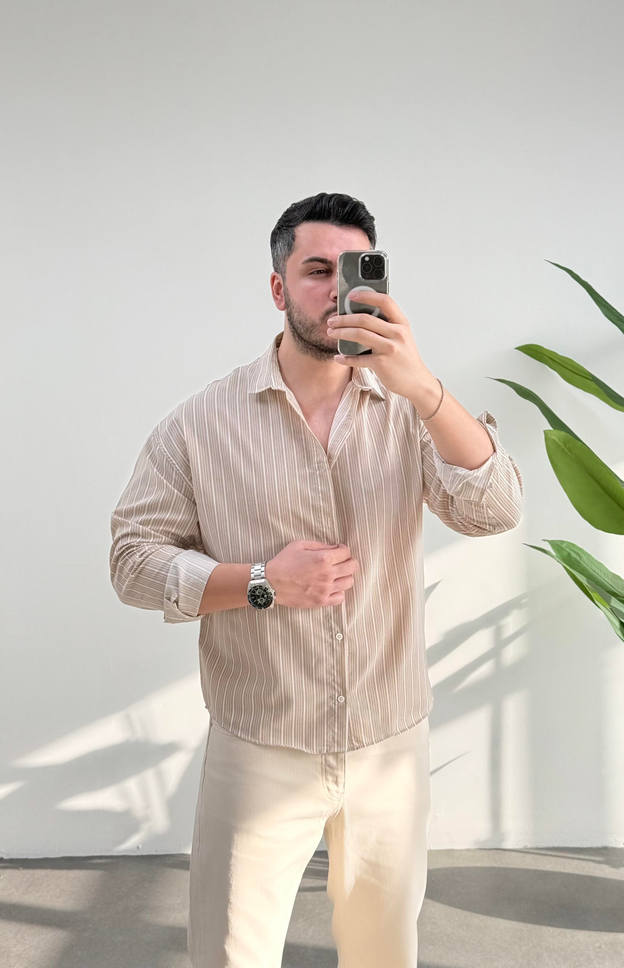 Fresh Bej Çizgili Oversize Keten Gömlek 