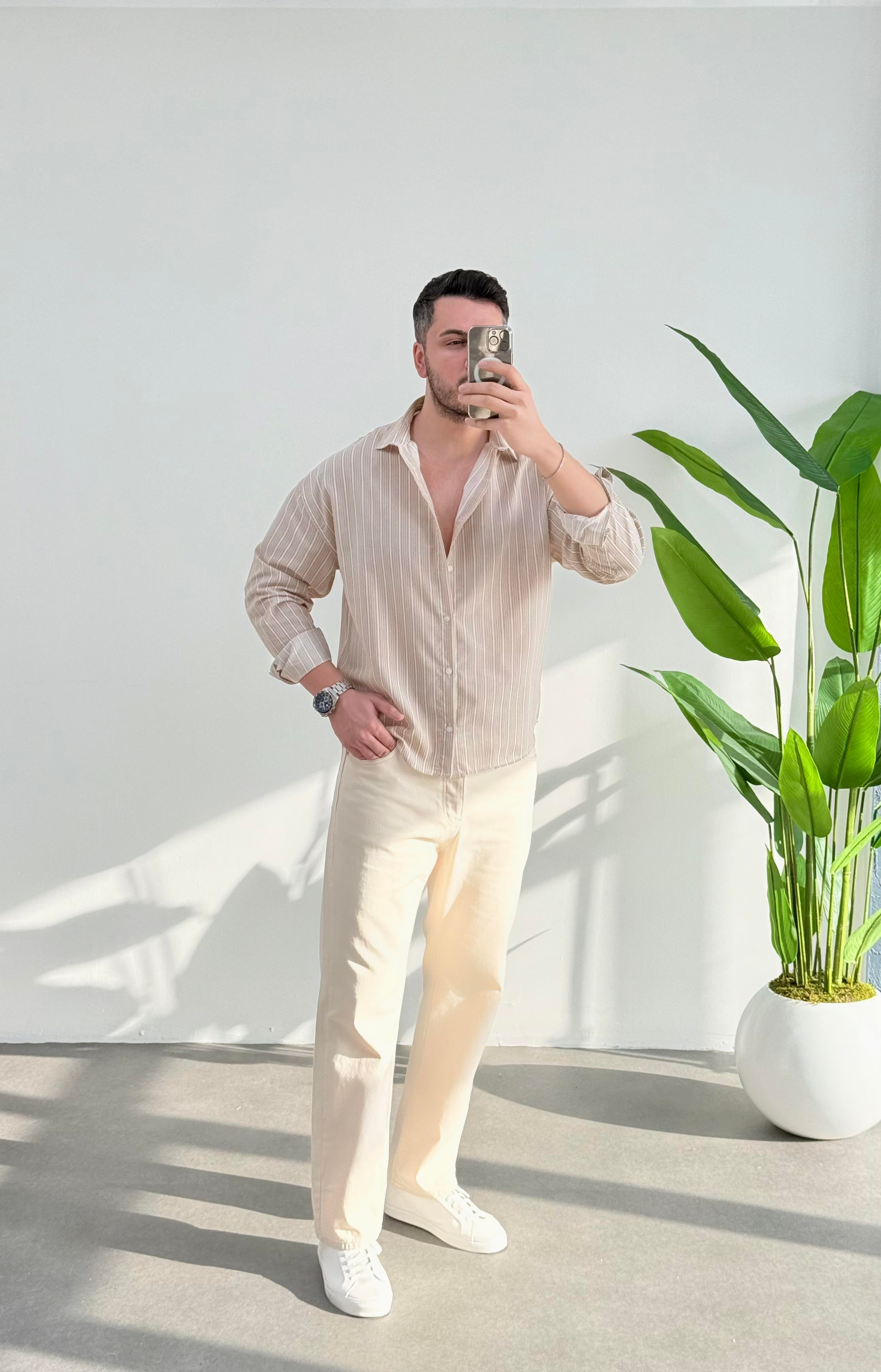 Fresh Bej Çizgili Oversize Keten Gömlek 