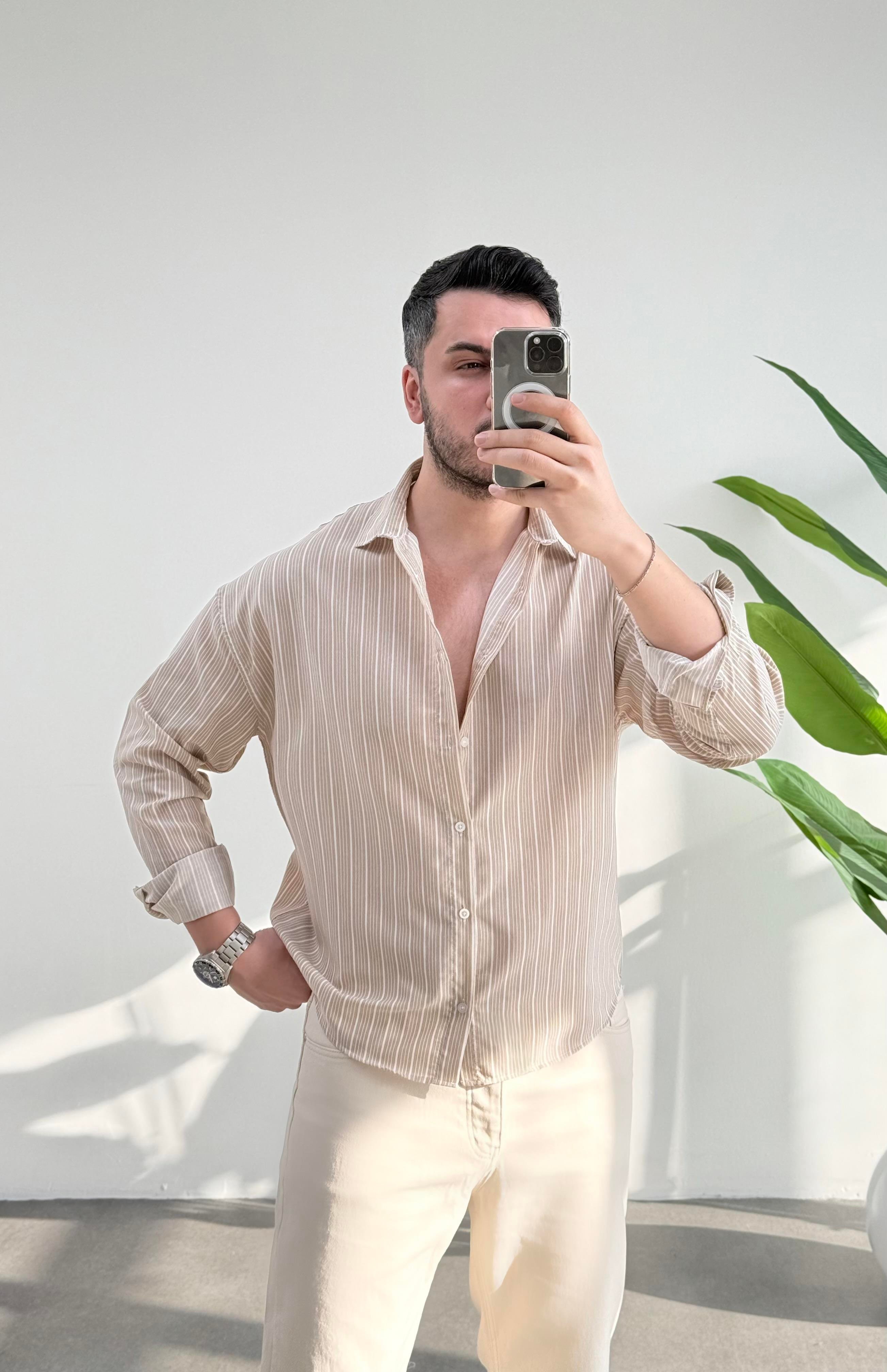 Fresh Bej Çizgili Oversize Keten Gömlek 