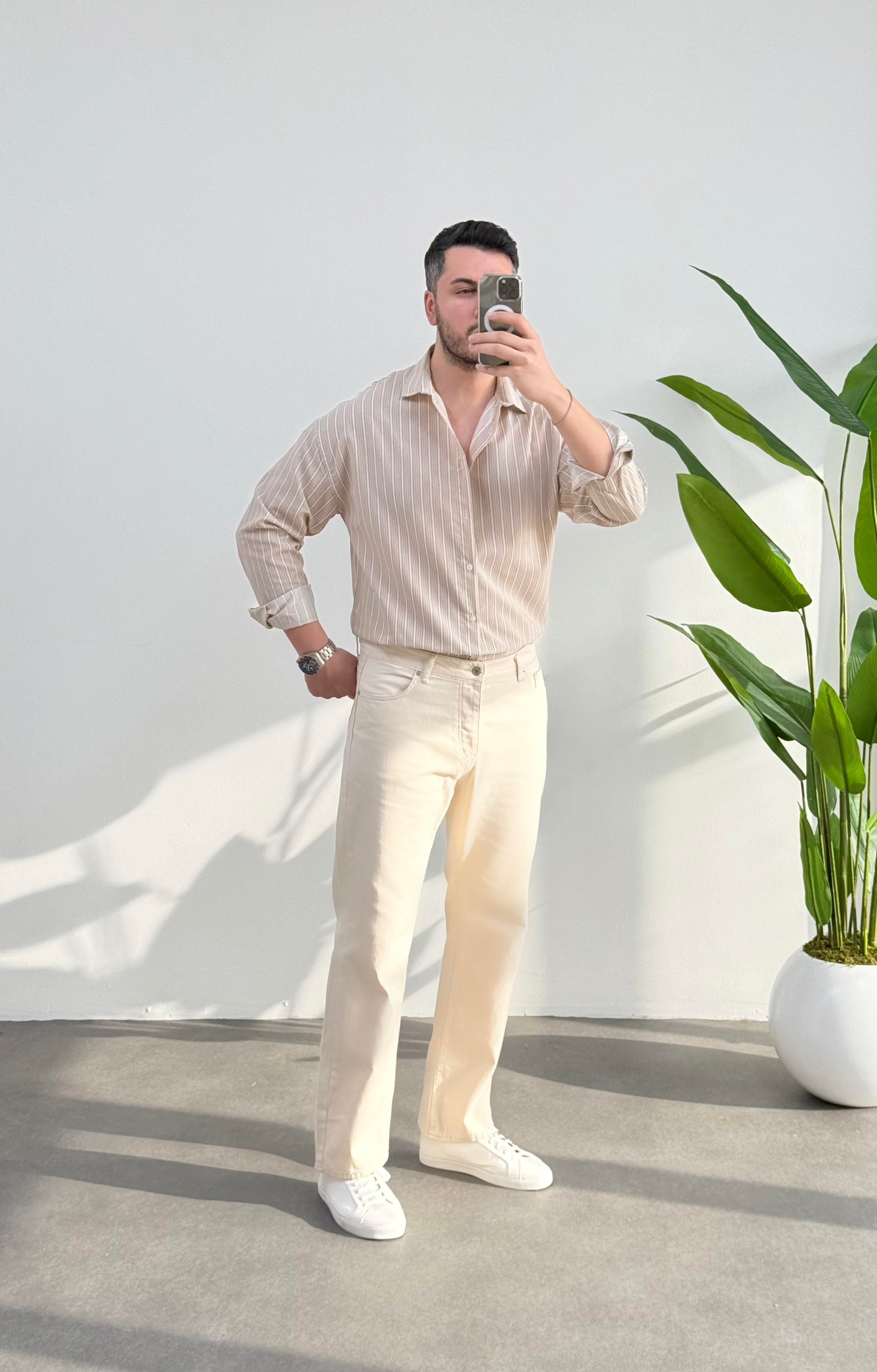 Fresh Bej Çizgili Oversize Keten Gömlek 