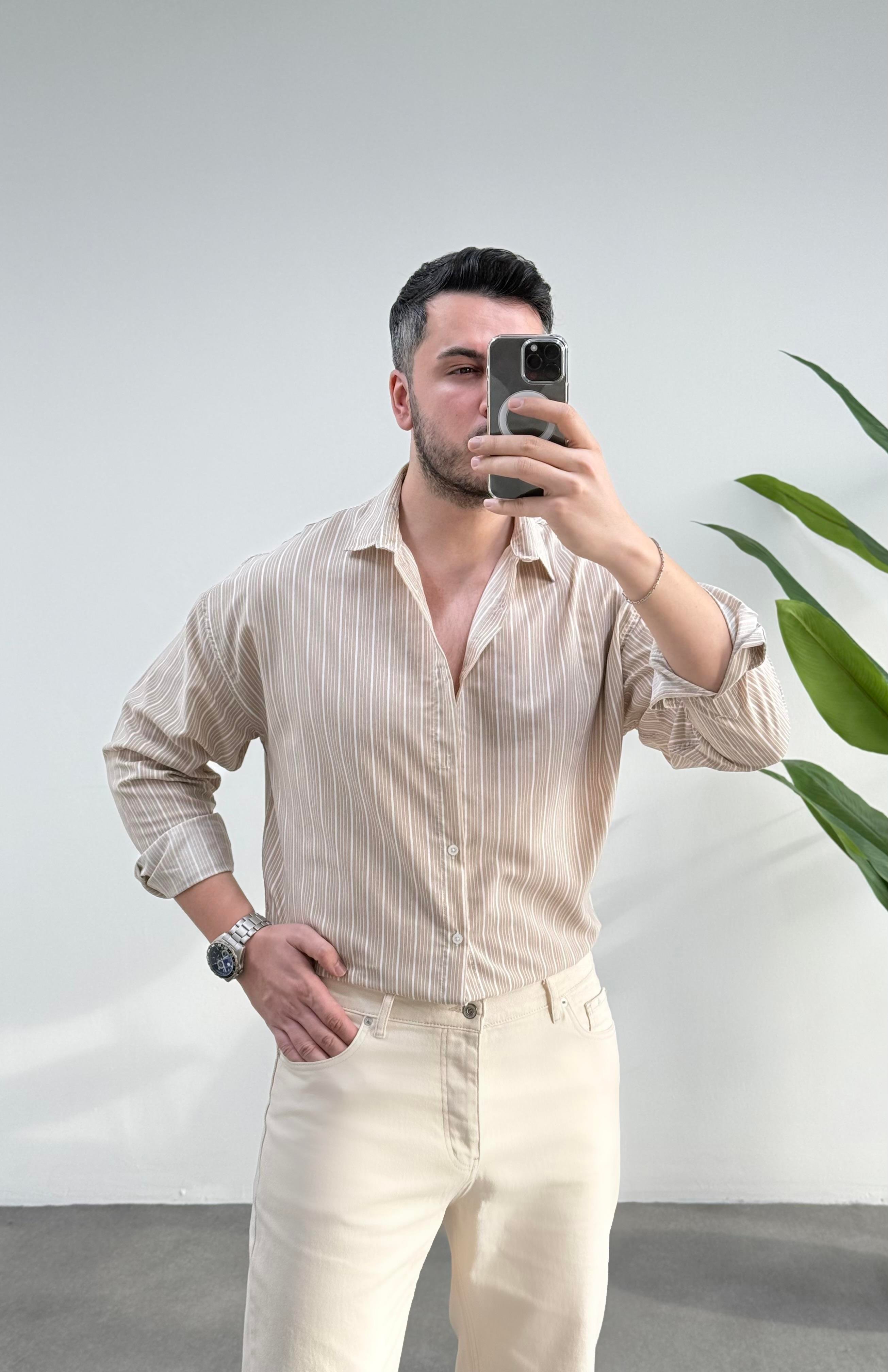 Fresh Bej Çizgili Oversize Keten Gömlek 