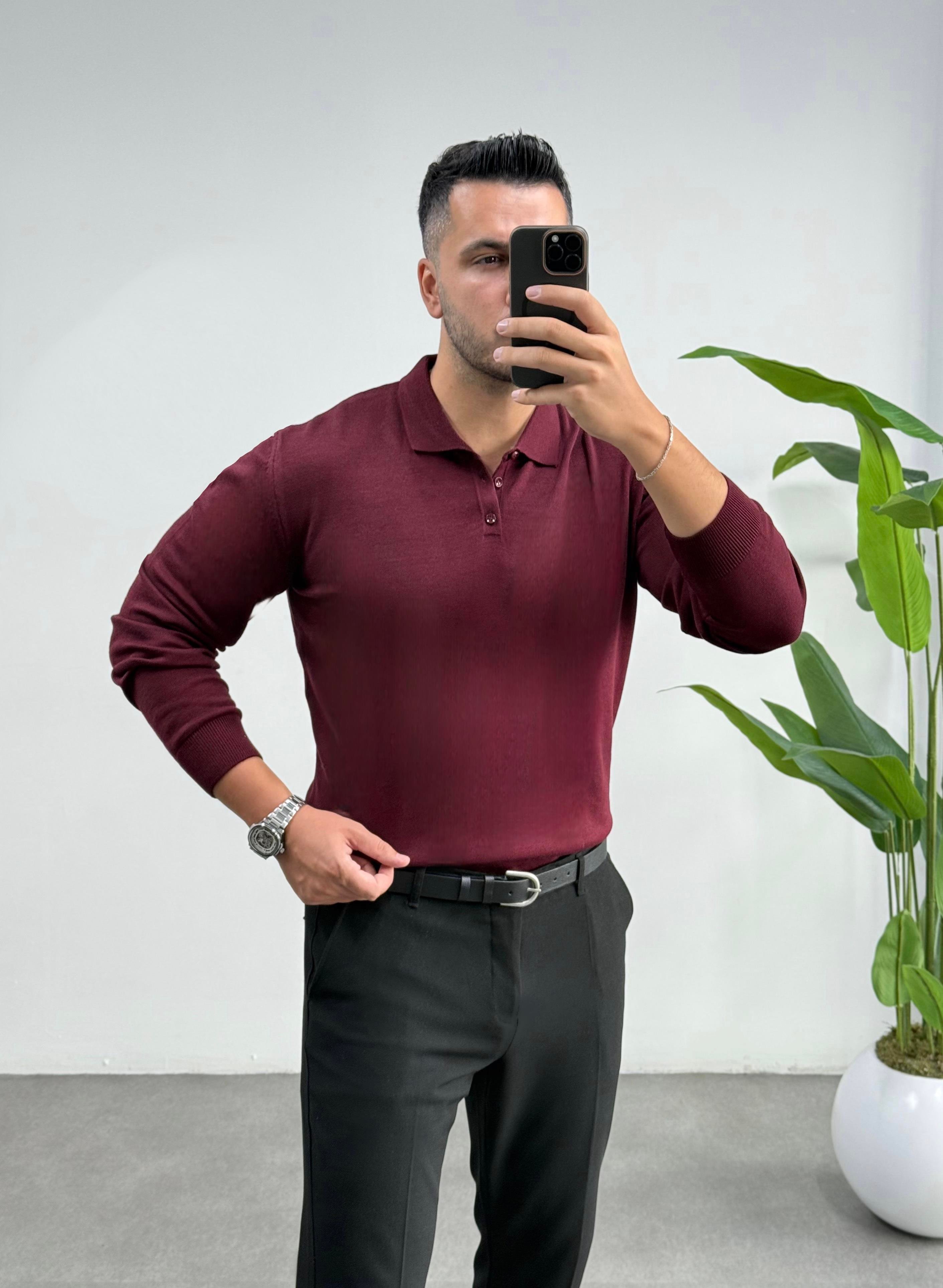 Frower Düğmeli Bordo Triko Kazak