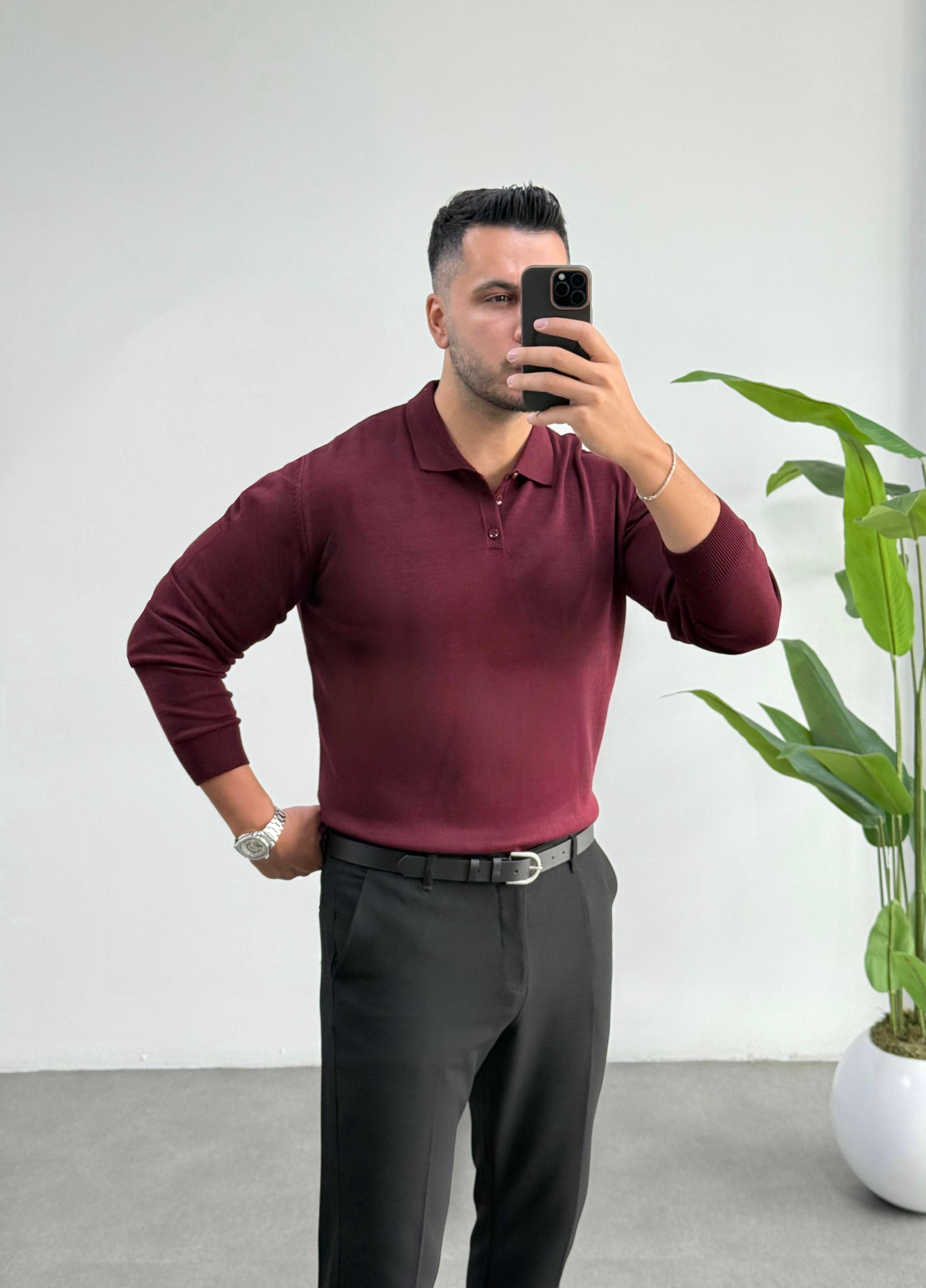 Frower Düğmeli Bordo Triko Kazak