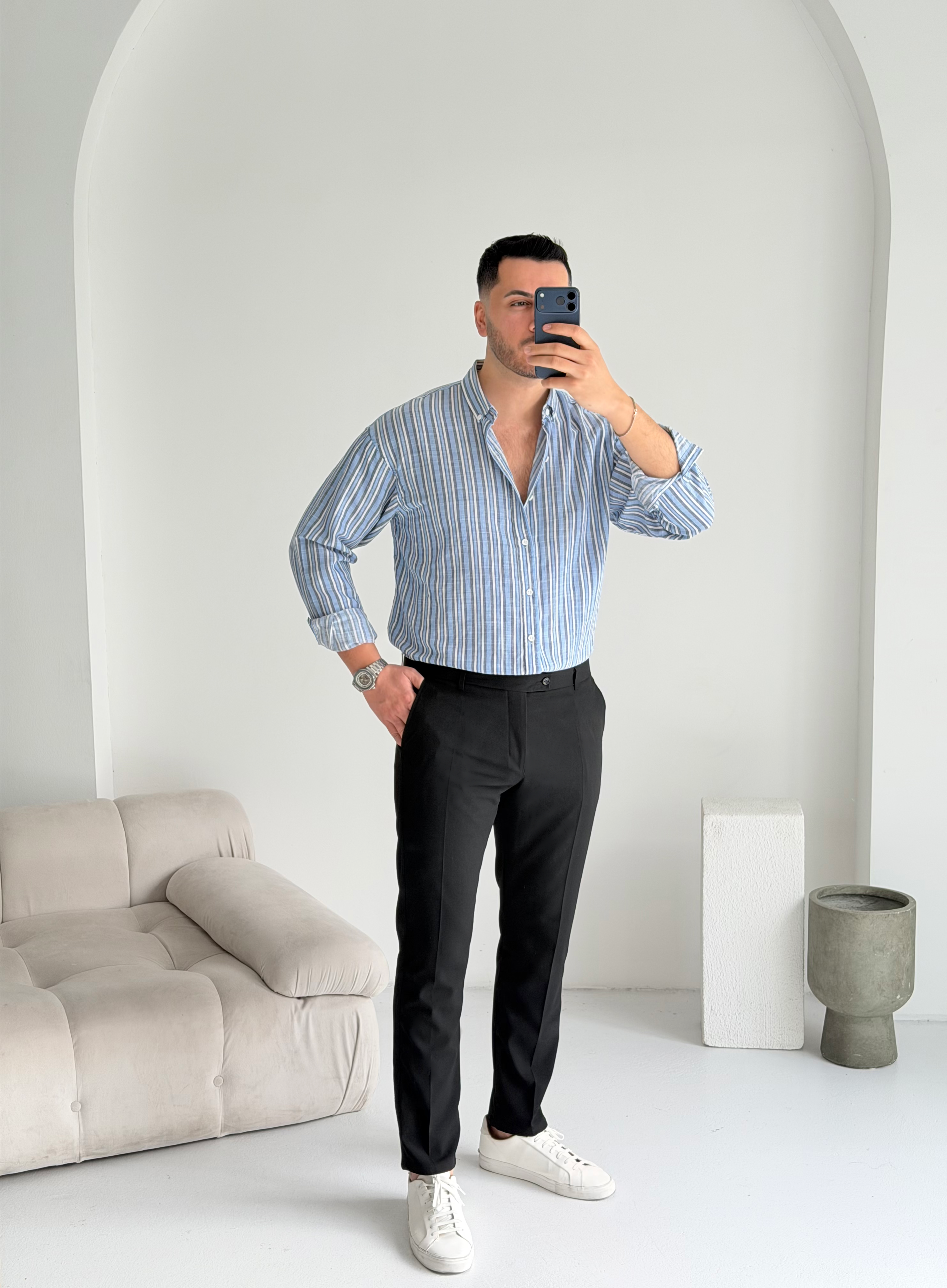 Gentle Mavi Çizgili Oversize Keten Gömlek
