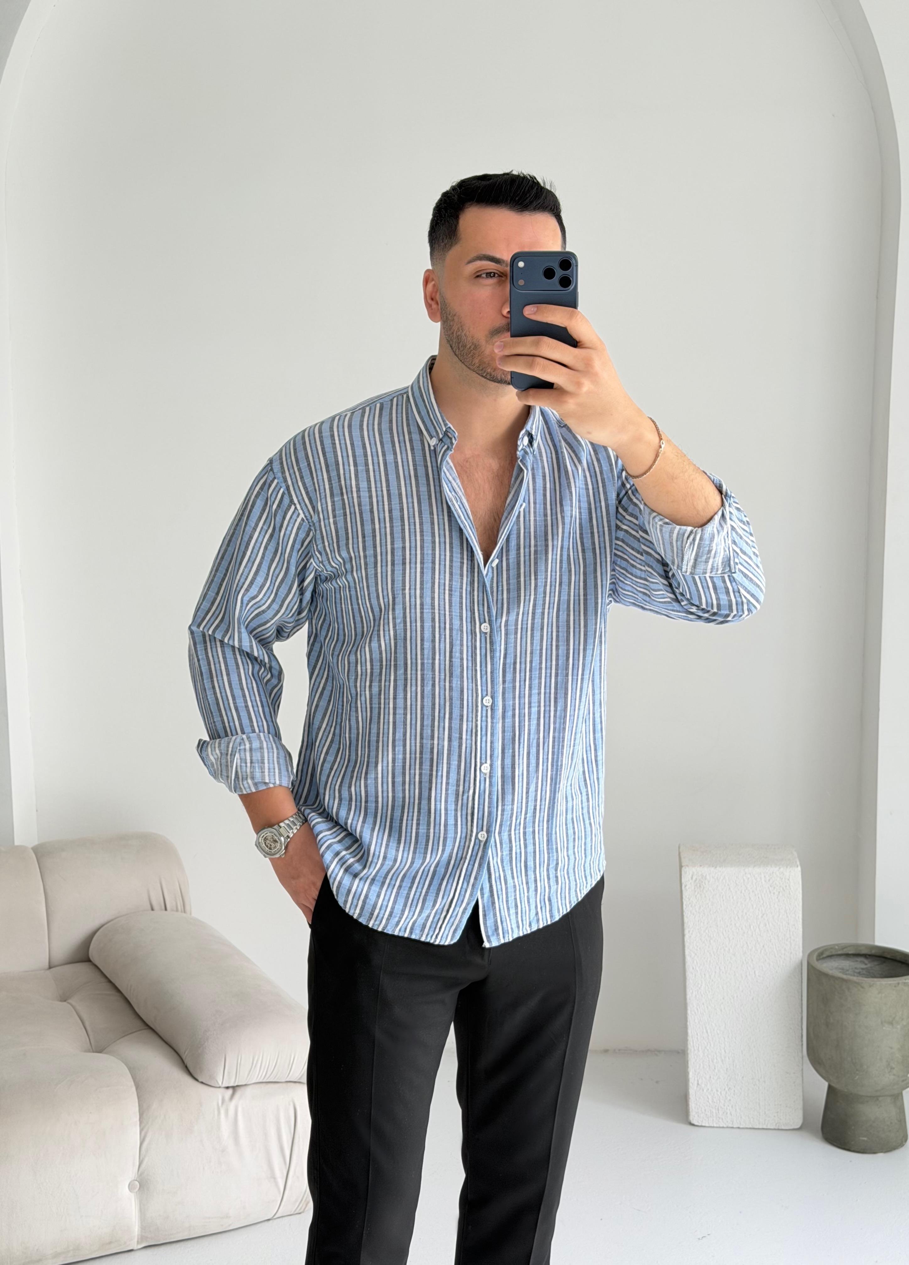 Gentle Mavi Çizgili Oversize Keten Gömlek