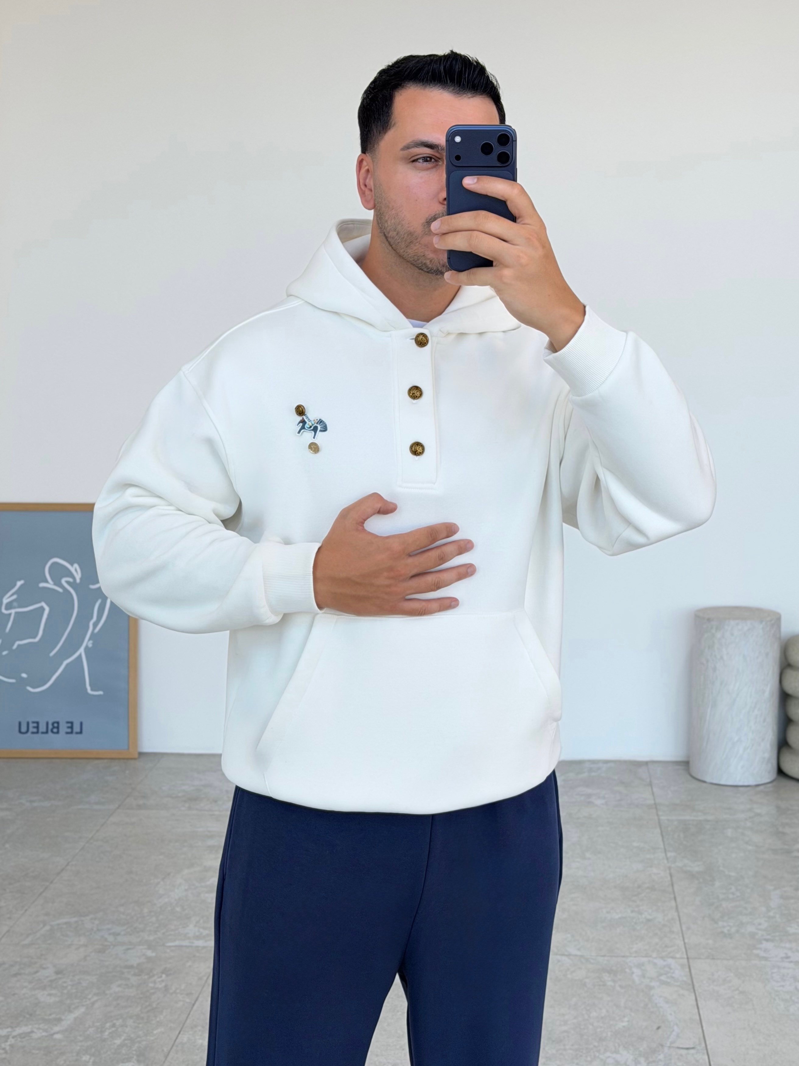Gold Beyaz Kapüşonlu Şardonlu Sweatshirt