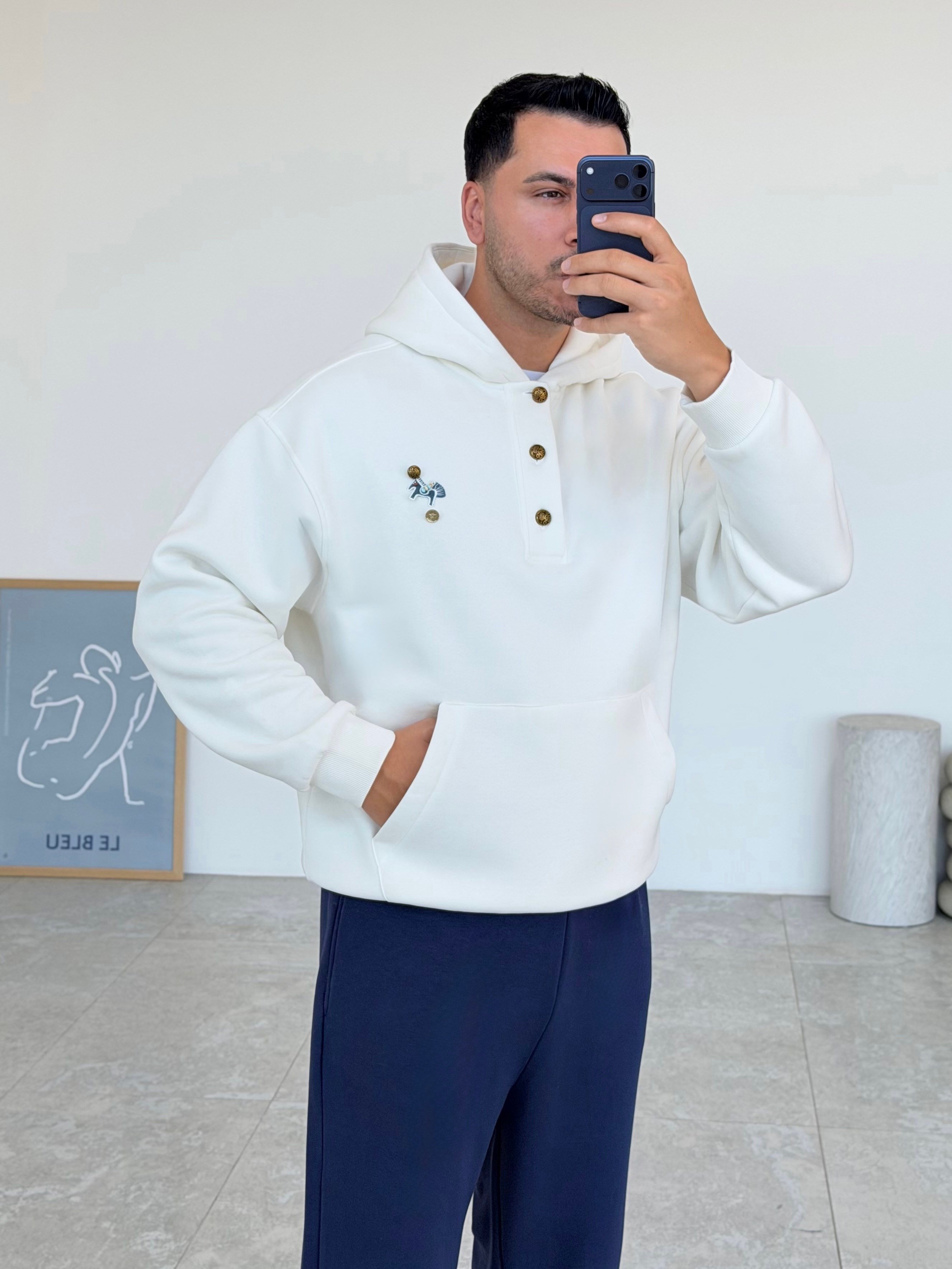 Gold Beyaz Kapüşonlu Şardonlu Sweatshirt