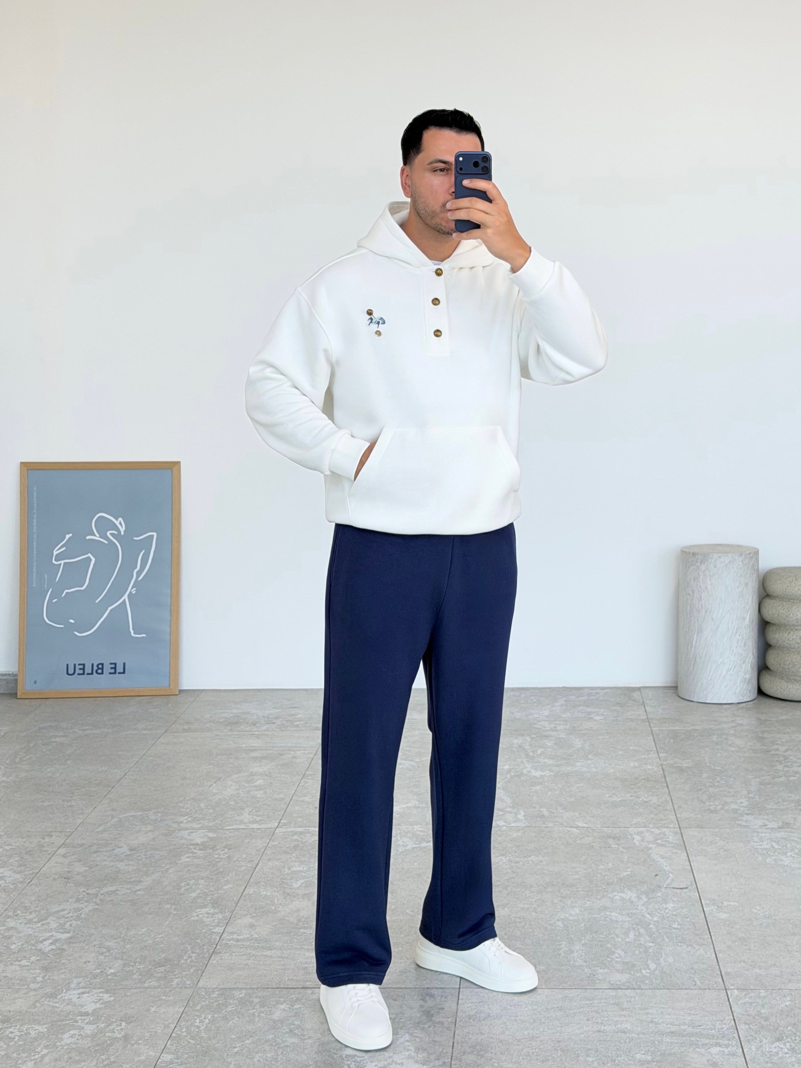 Gold Beyaz Kapüşonlu Şardonlu Sweatshirt