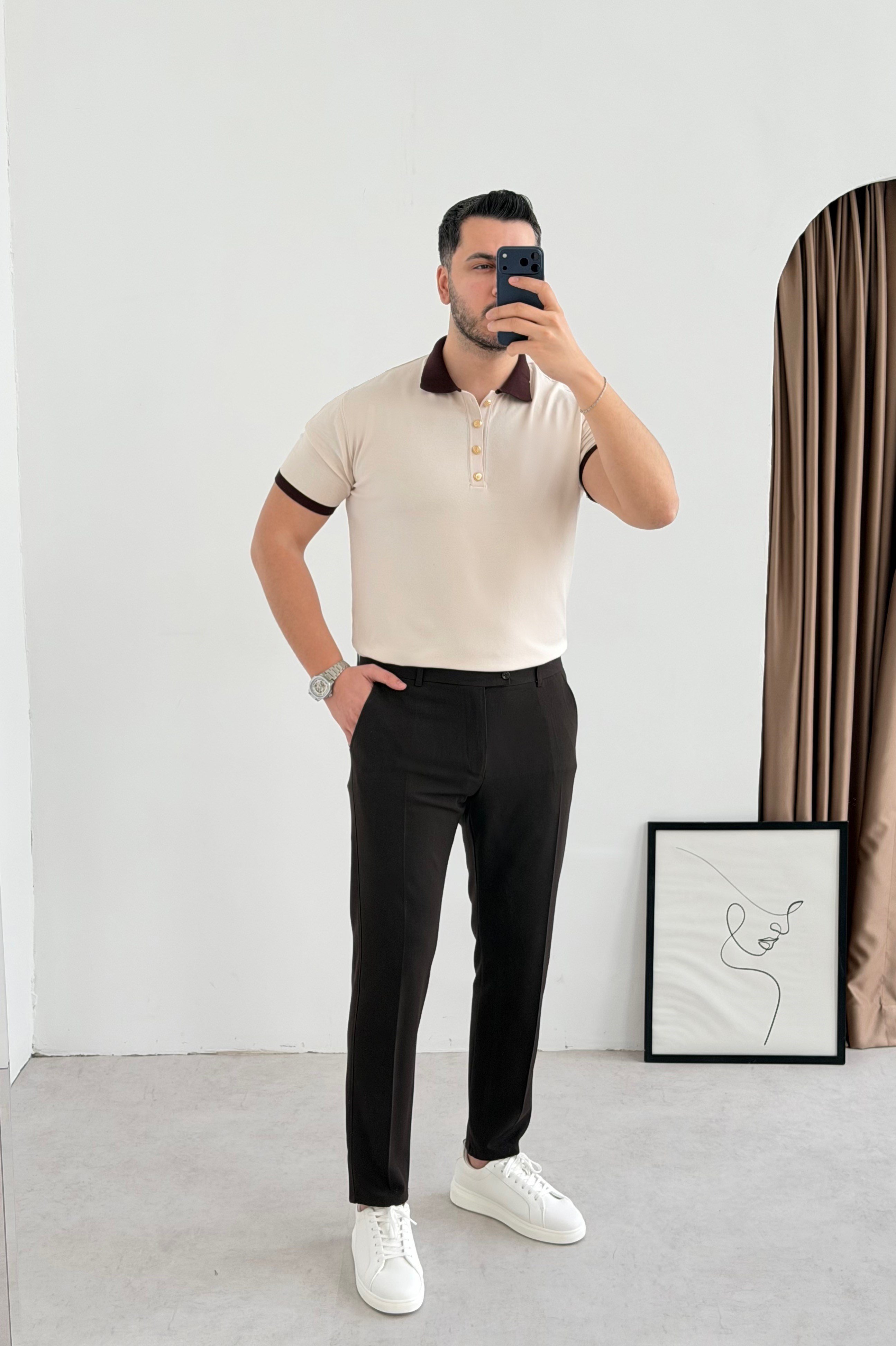 Gold Düğme Bej Örme Tişört
