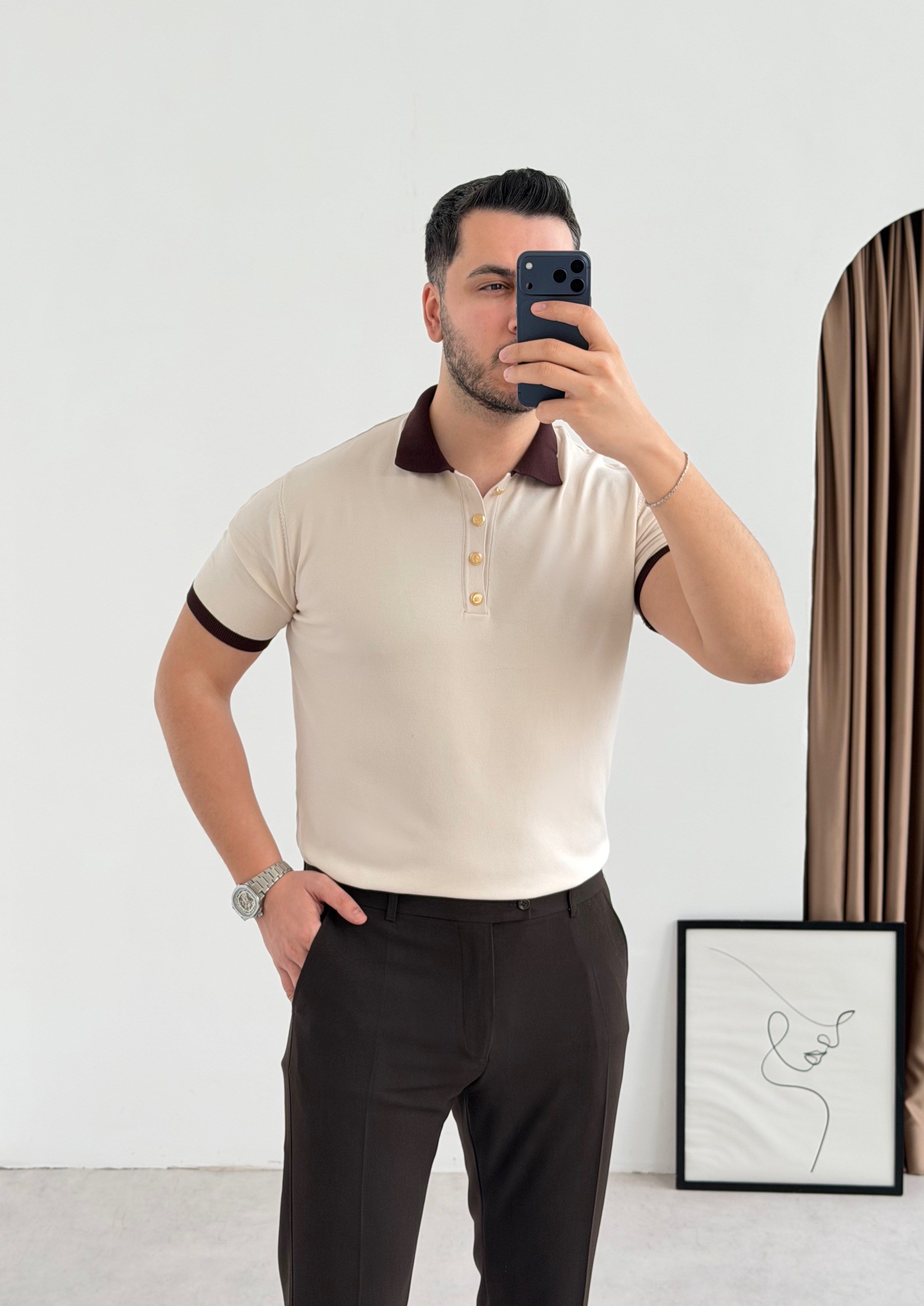 Gold Düğme Bej Örme Tişört