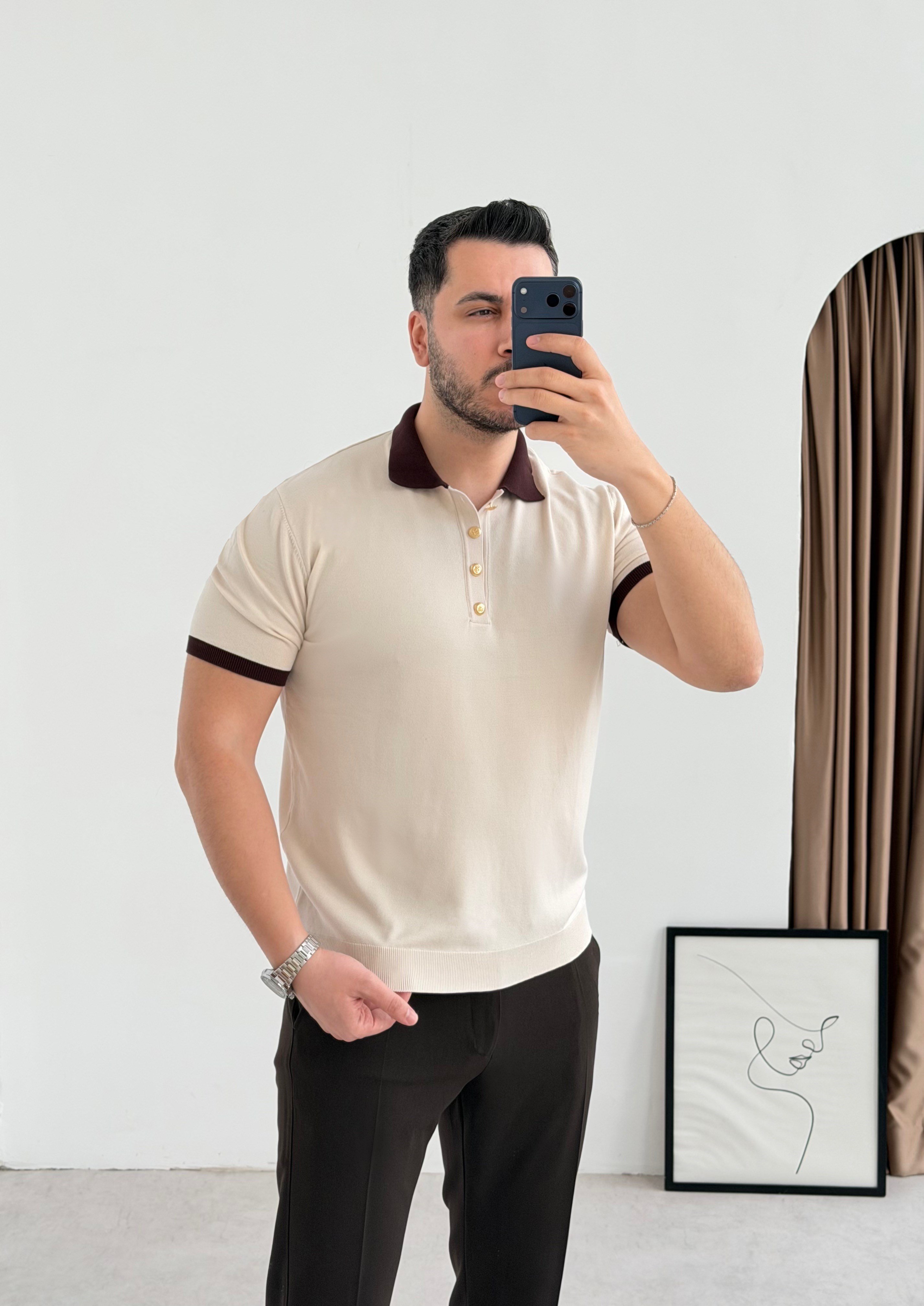 Gold Düğme Bej Örme Tişört