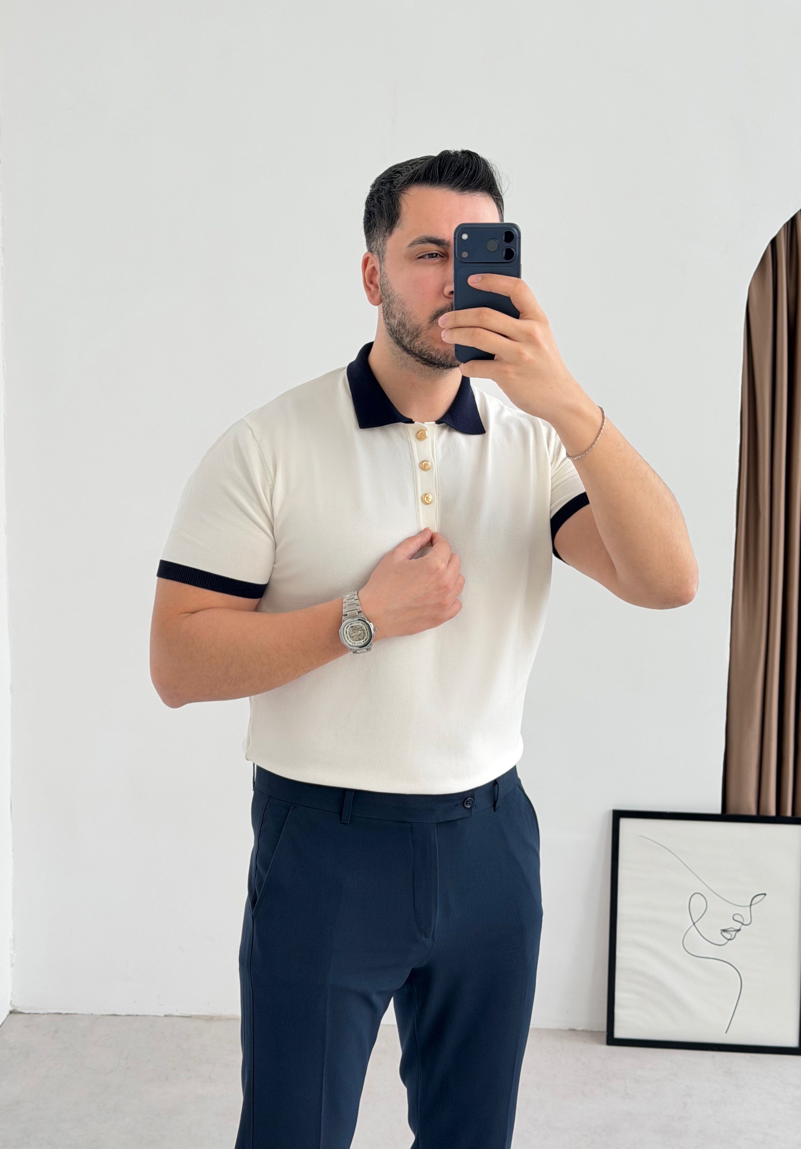 Gold Düğme Beyaz Örme Tişört