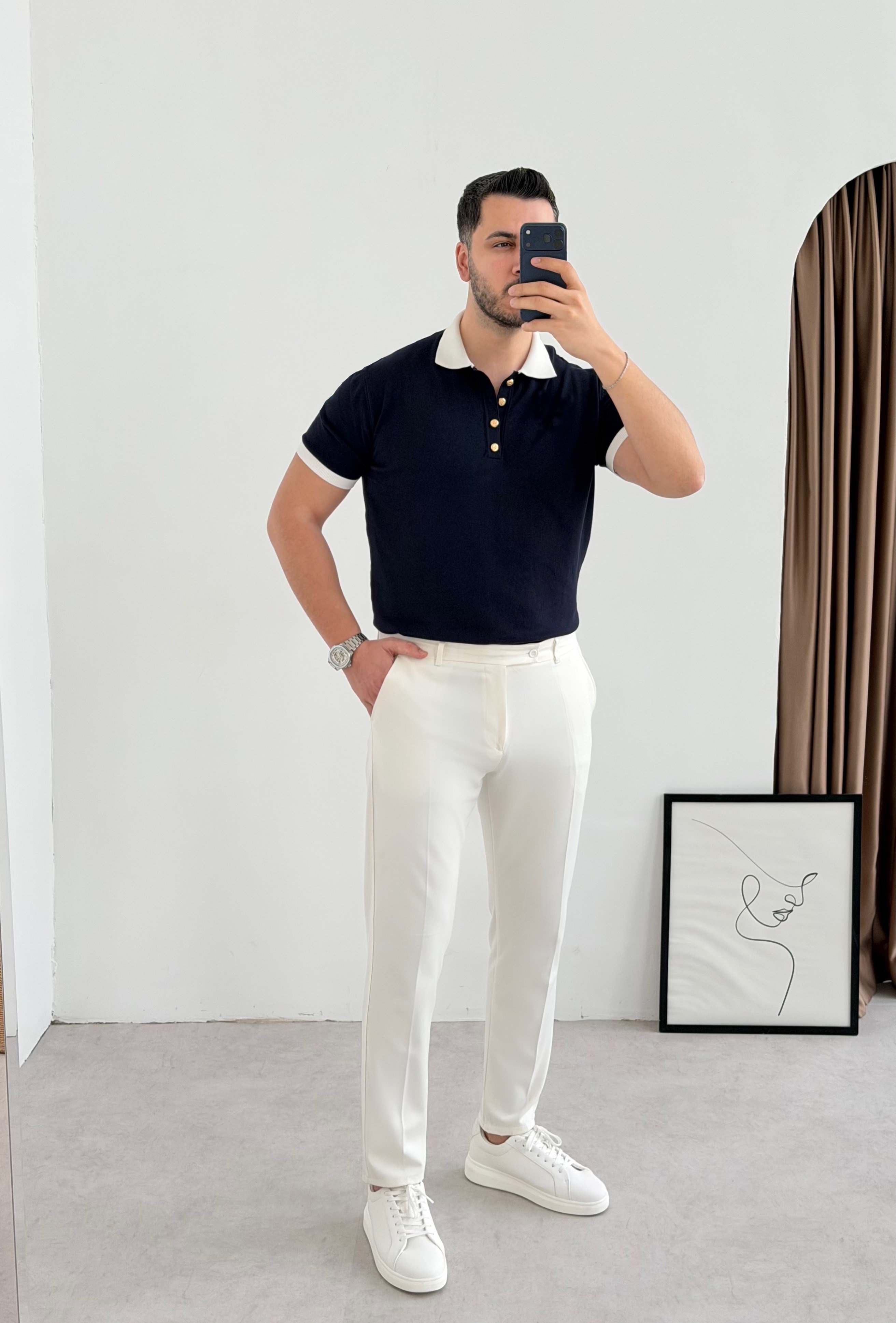 Gold Düğme Lacivert Örme Tişört