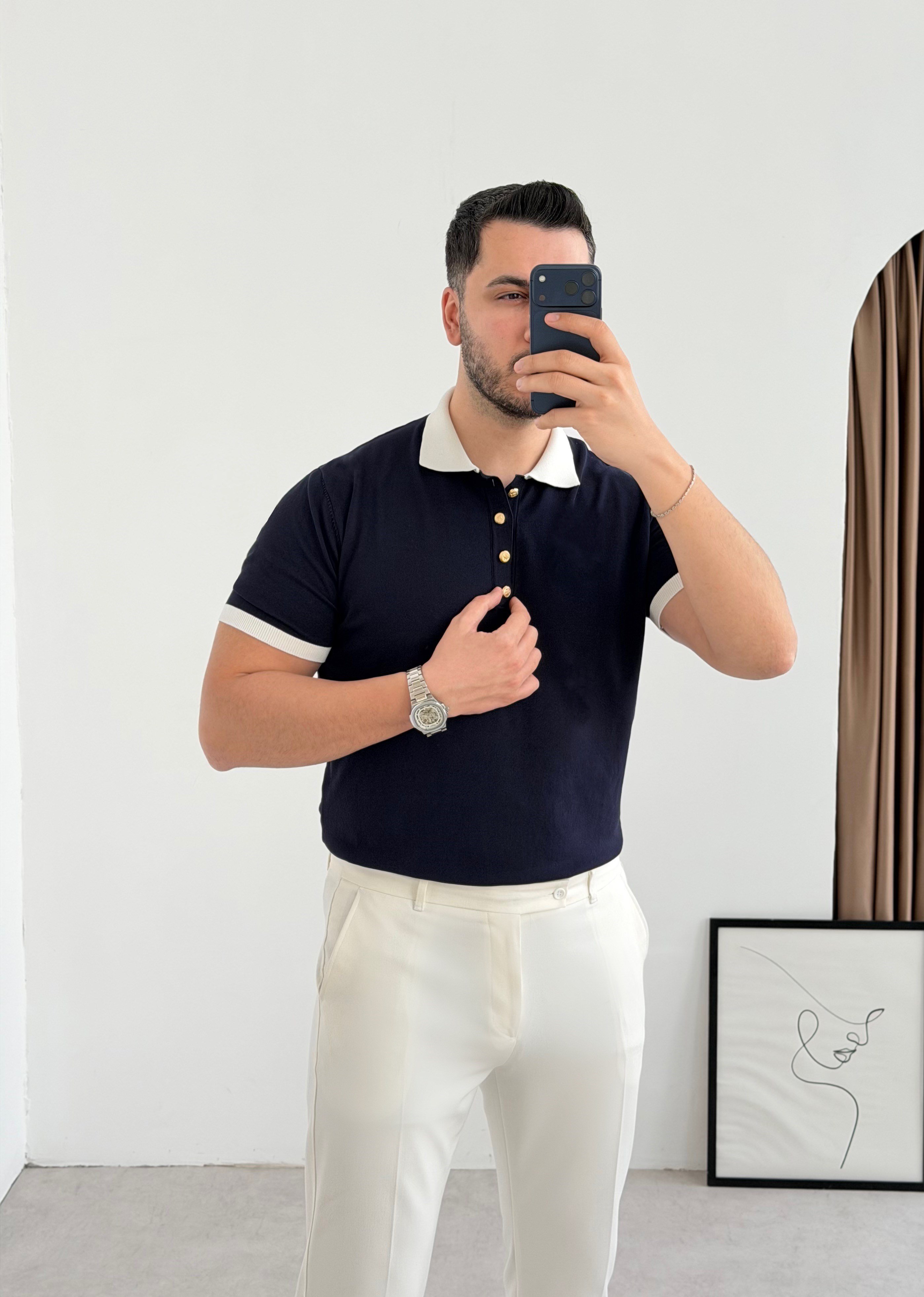 Gold Düğme Lacivert Örme Tişört