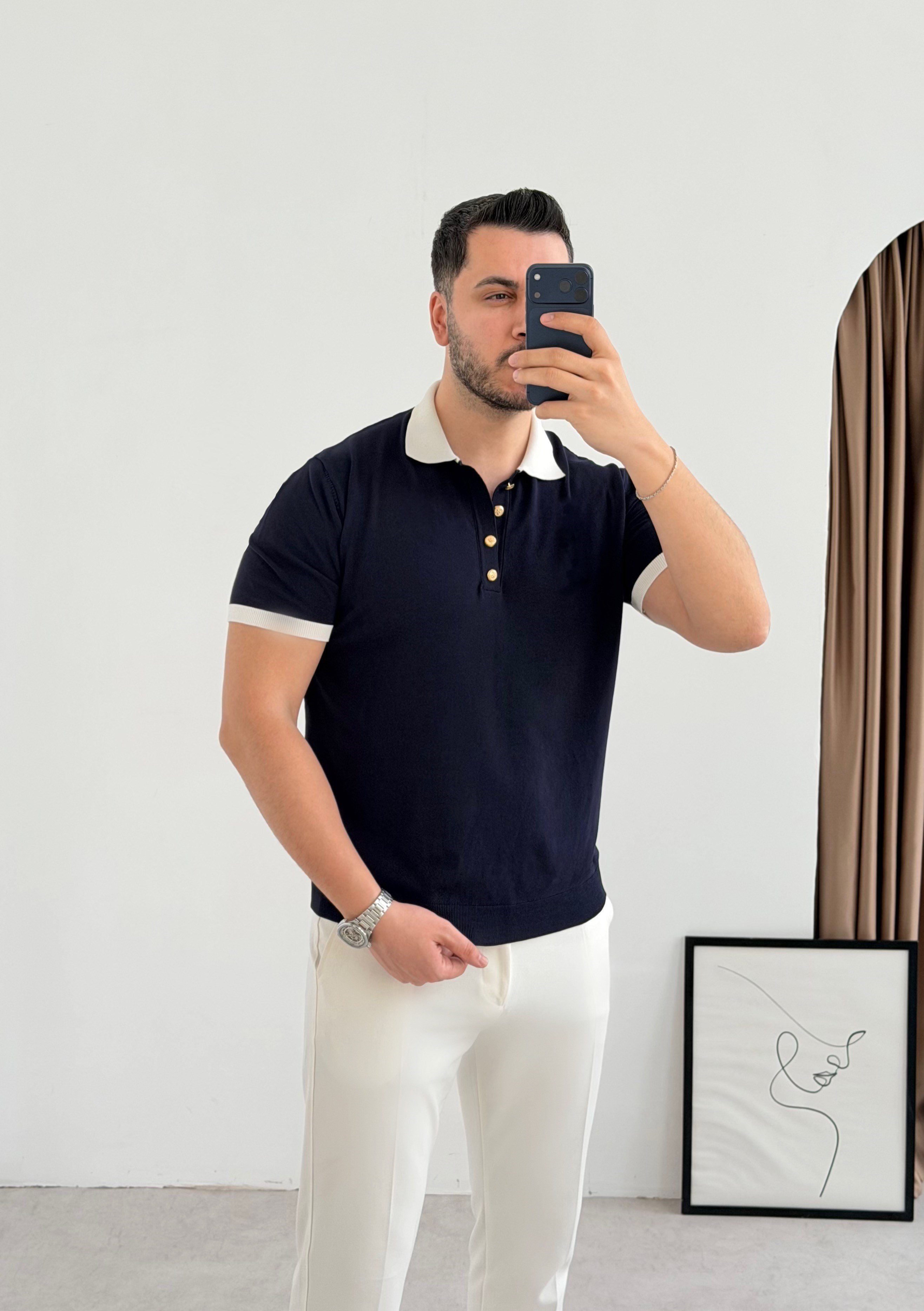 Gold Düğme Lacivert Örme Tişört